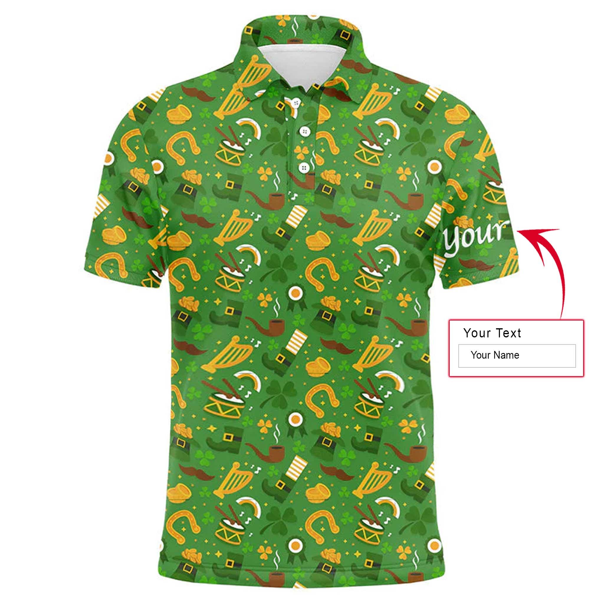 Golf Men Polo Shirt - Saint Patrick's Day Green Pattern Custom Name Apparel - Personalized Gift For Golf Lover, Men, Husband, Team, Boyfriend