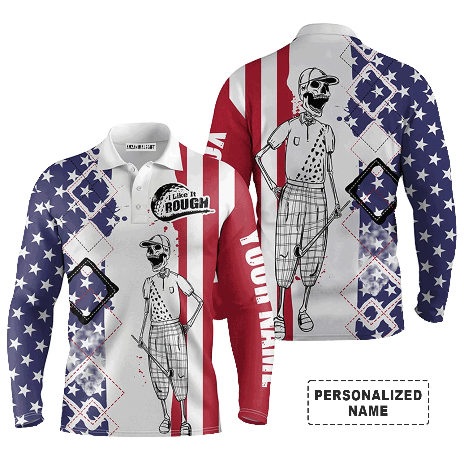 Golf Men Polo Shirt - Skull American Flag Custom Name Apparel - I Like It Rough Men Golf Polo Shirt - Personalized Gift For Golf Lover, Team, Golfers - Image 3