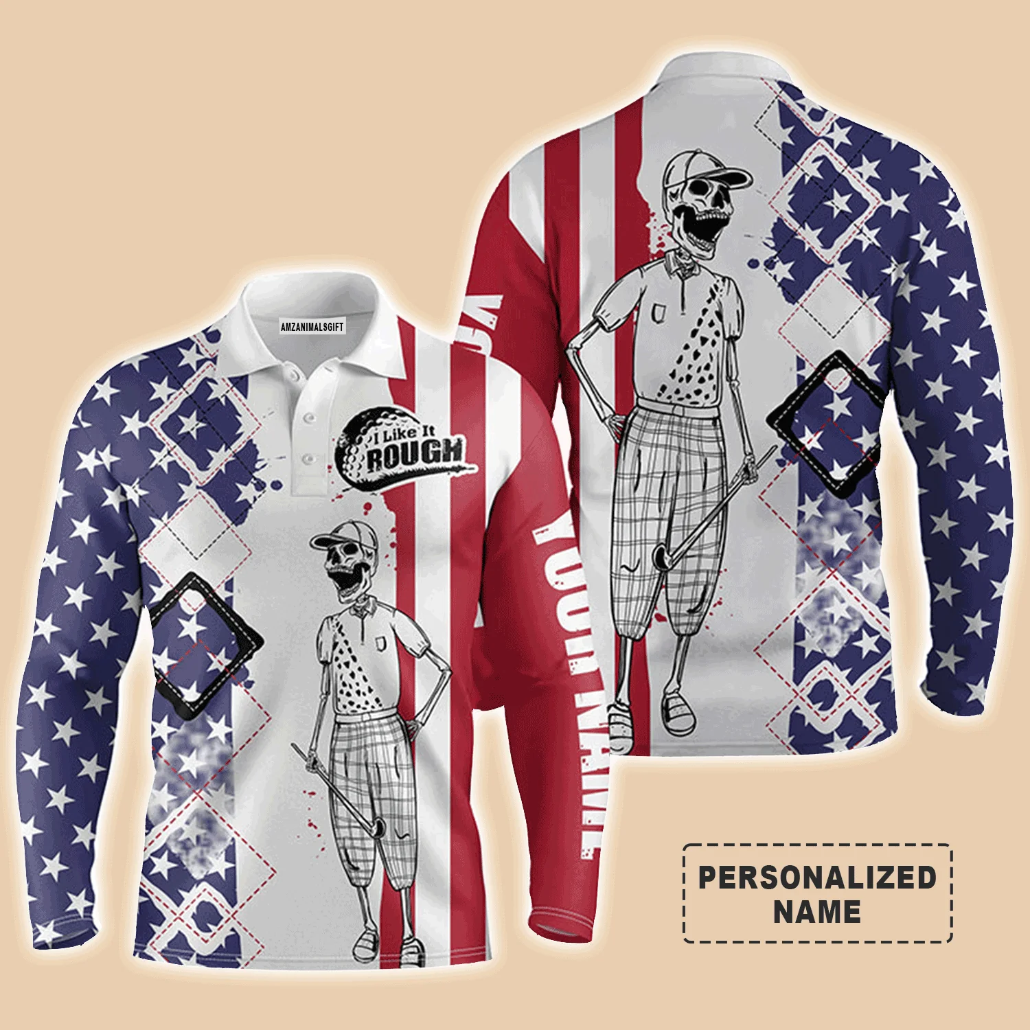 Golf Men Polo Shirt - Skull American Flag Custom Name Apparel - I Like It Rough Men Golf Polo Shirt - Personalized Gift For Golf Lover, Team, Golfers - Image 4