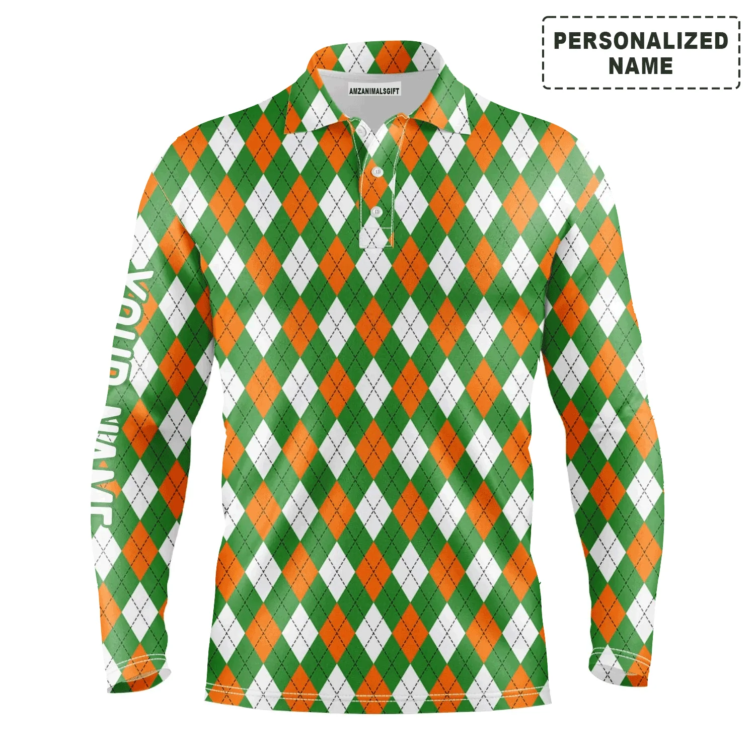 Golf Men Polo Shirt - St Patrick's Day White Green Orange Argyle Plaid Pattern Custom Name Apparel - Personalized Gift For Golf Lover, Team - Image 3