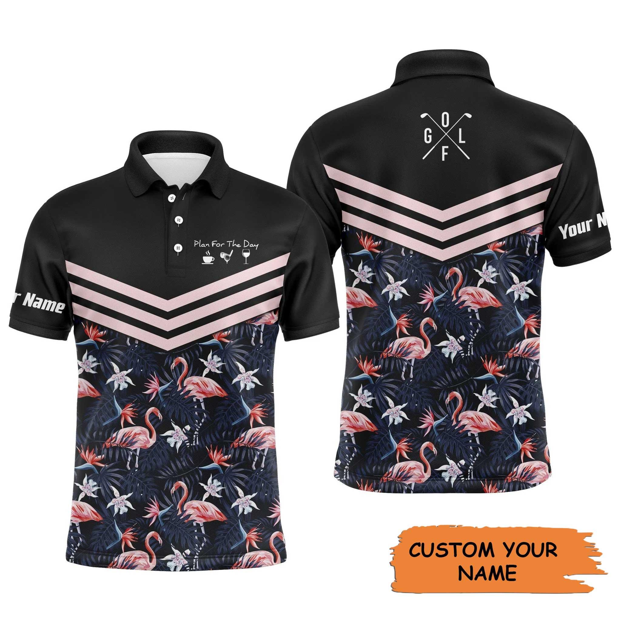 Golf Men Polo Shirt - Tropical Leaf Flamingo Pattern Custom Name Apparel - Plan For The Day Coffee Golf Wine - Personalized Gift For Golf Lover, Team