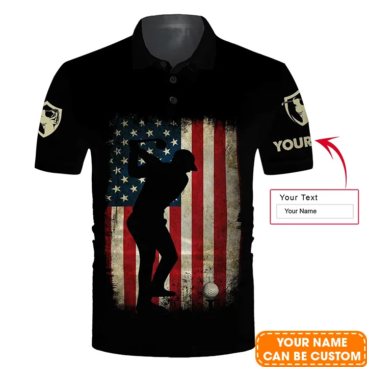 Golf Men Polo Shirt - Vintage American Flag Patriotic US Flag Custom Name Apparel - Personalized Best Gift For Golf Lover, Team, Golfer, 4th July - Image 2