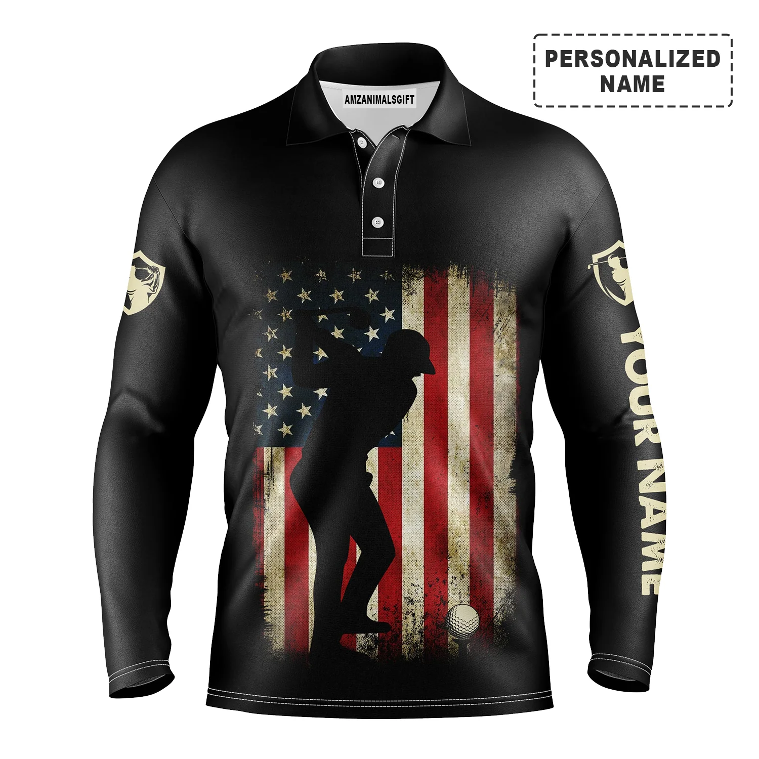 Golf Men Polo Shirt - Vintage American Flag Patriotic US Flag Custom Name Apparel - Personalized Best Gift For Golf Lover, Team, Golfer, 4th July - Image 3