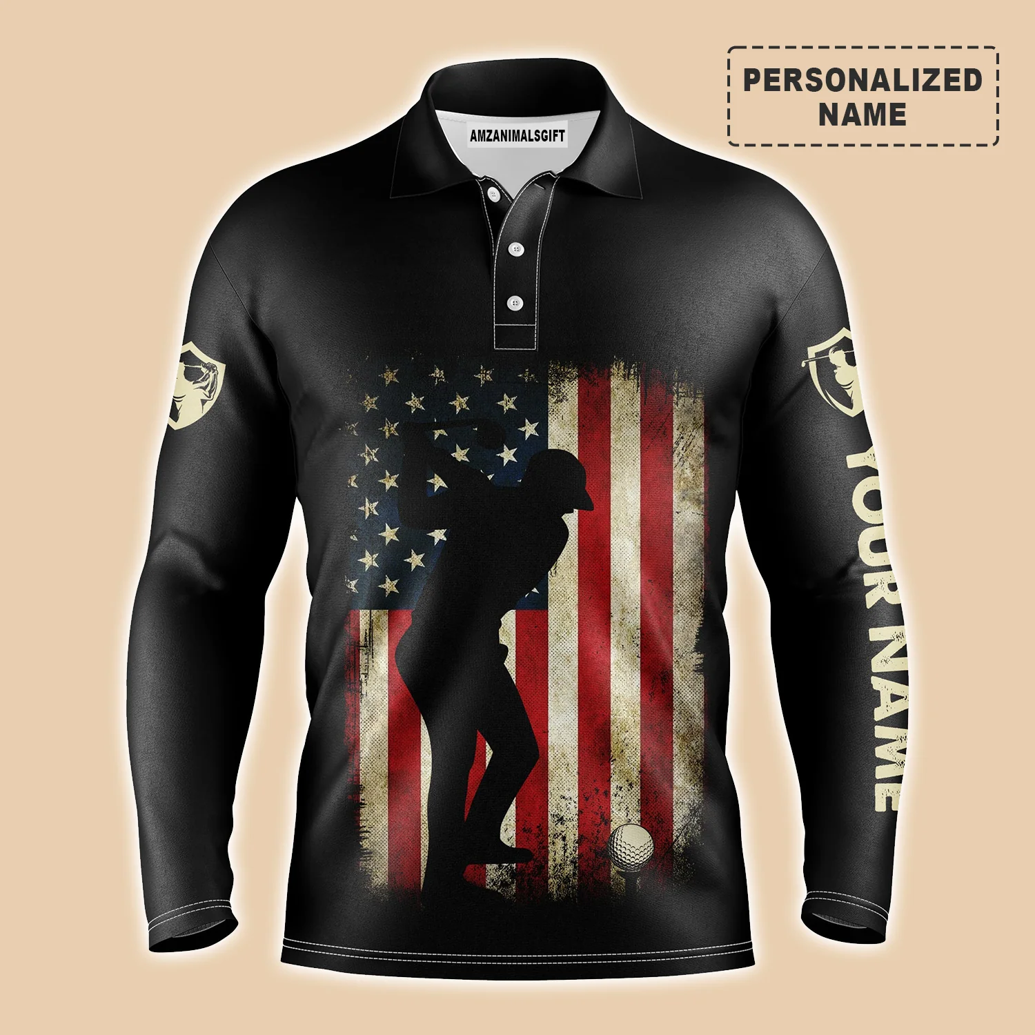 Golf Men Polo Shirt - Vintage American Flag Patriotic US Flag Custom Name Apparel - Personalized Best Gift For Golf Lover, Team, Golfer, 4th July - Image 4