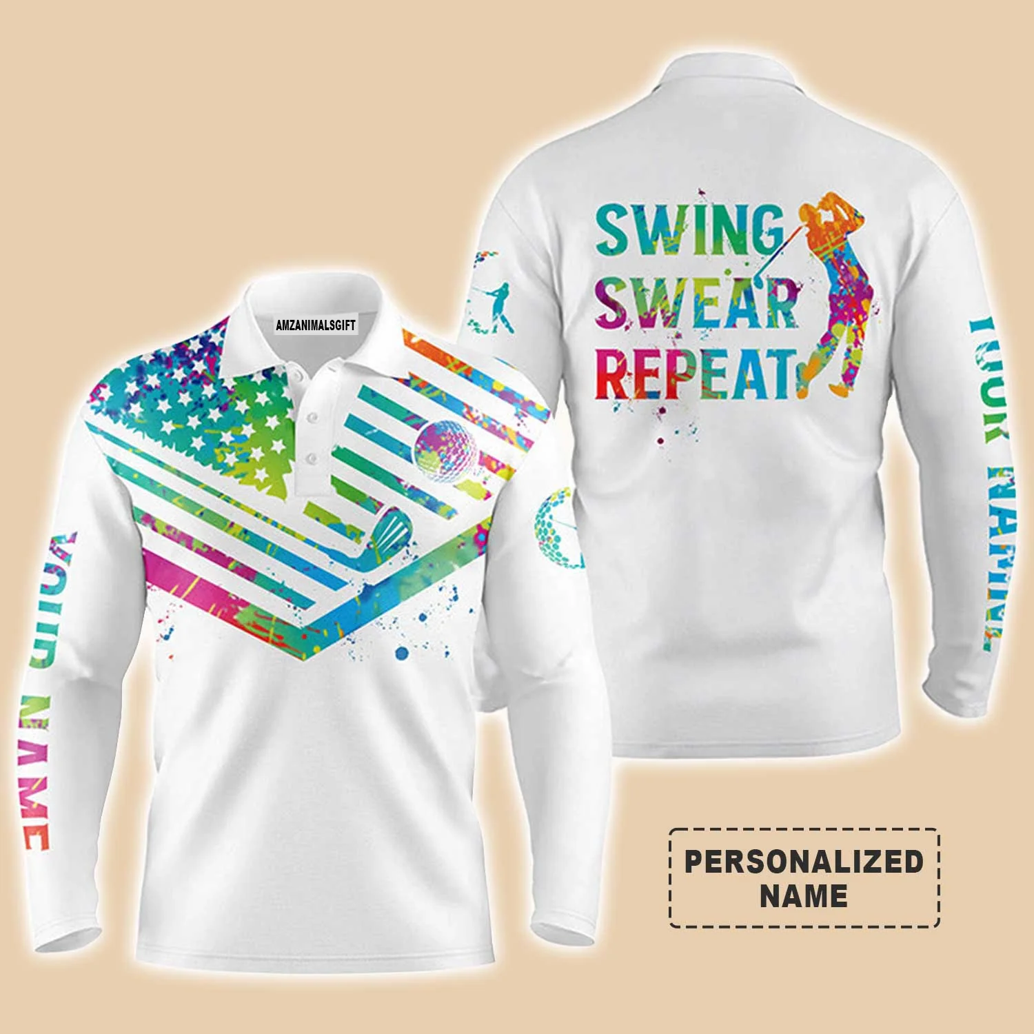 Golf Men Polo Shirt - Watercolor American Flag Custom Name White Apparel - Swing Swear Repeat Men Golf Polo Shirt - Personalized Gift For Golf Lover - Image 2