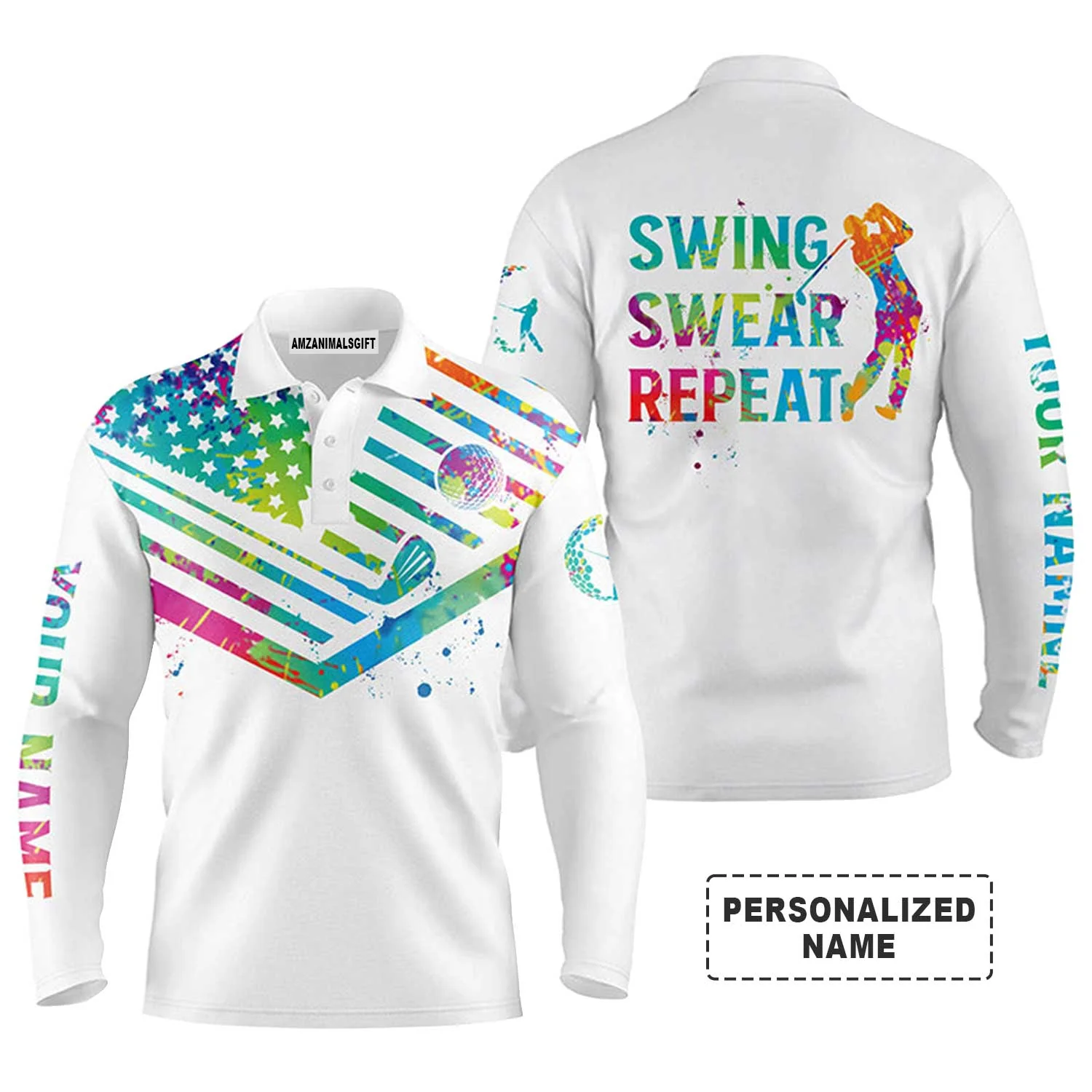 Golf Men Polo Shirt - Watercolor American Flag Custom Name White Apparel - Swing Swear Repeat Men Golf Polo Shirt - Personalized Gift For Golf Lover - Image 3