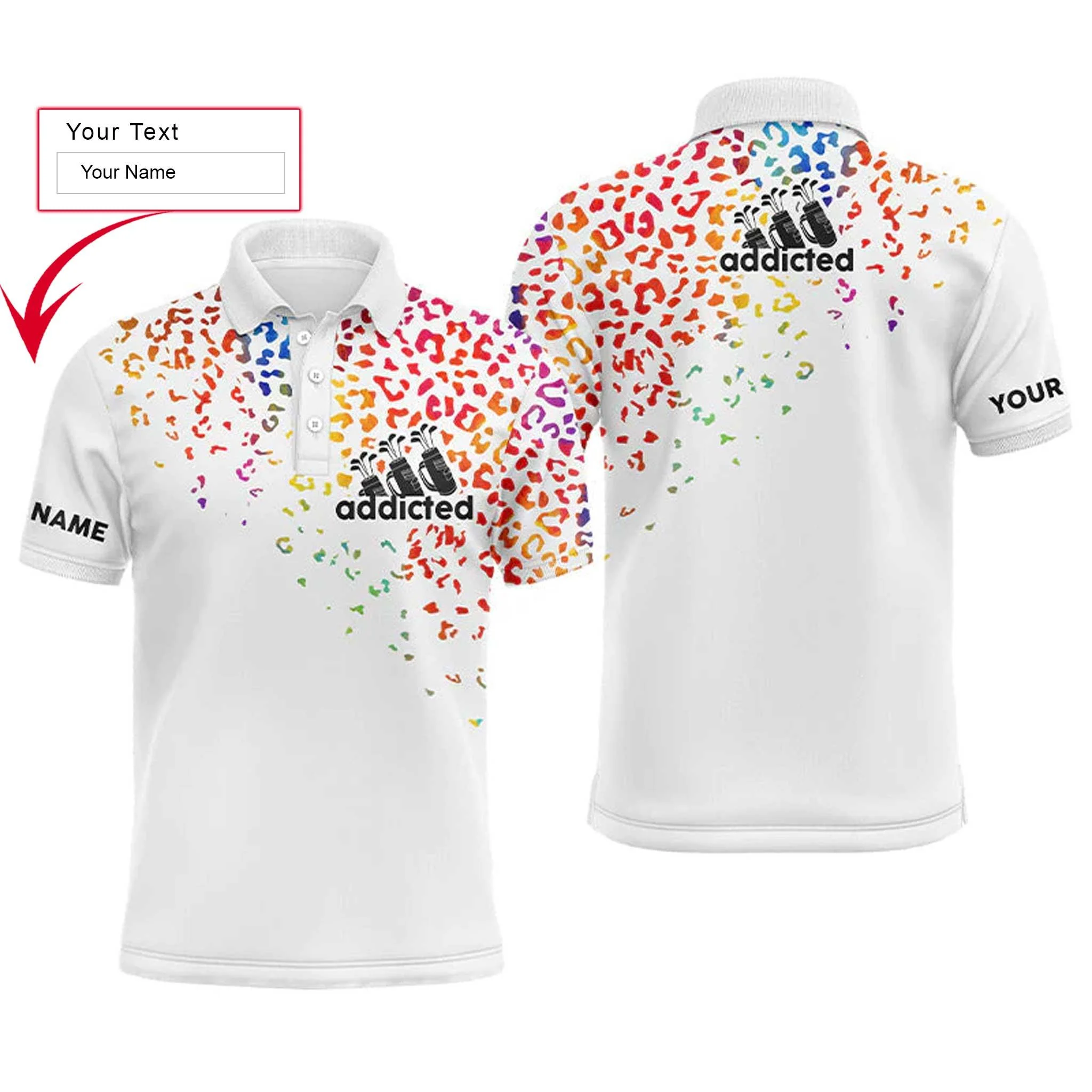 Golf Men Polo Shirt - Watercolor Leopard Addicted Custom Name Apparel - Personalized Gift For Golf Lover, Men, Dad, Team, Husband, Boyfriend