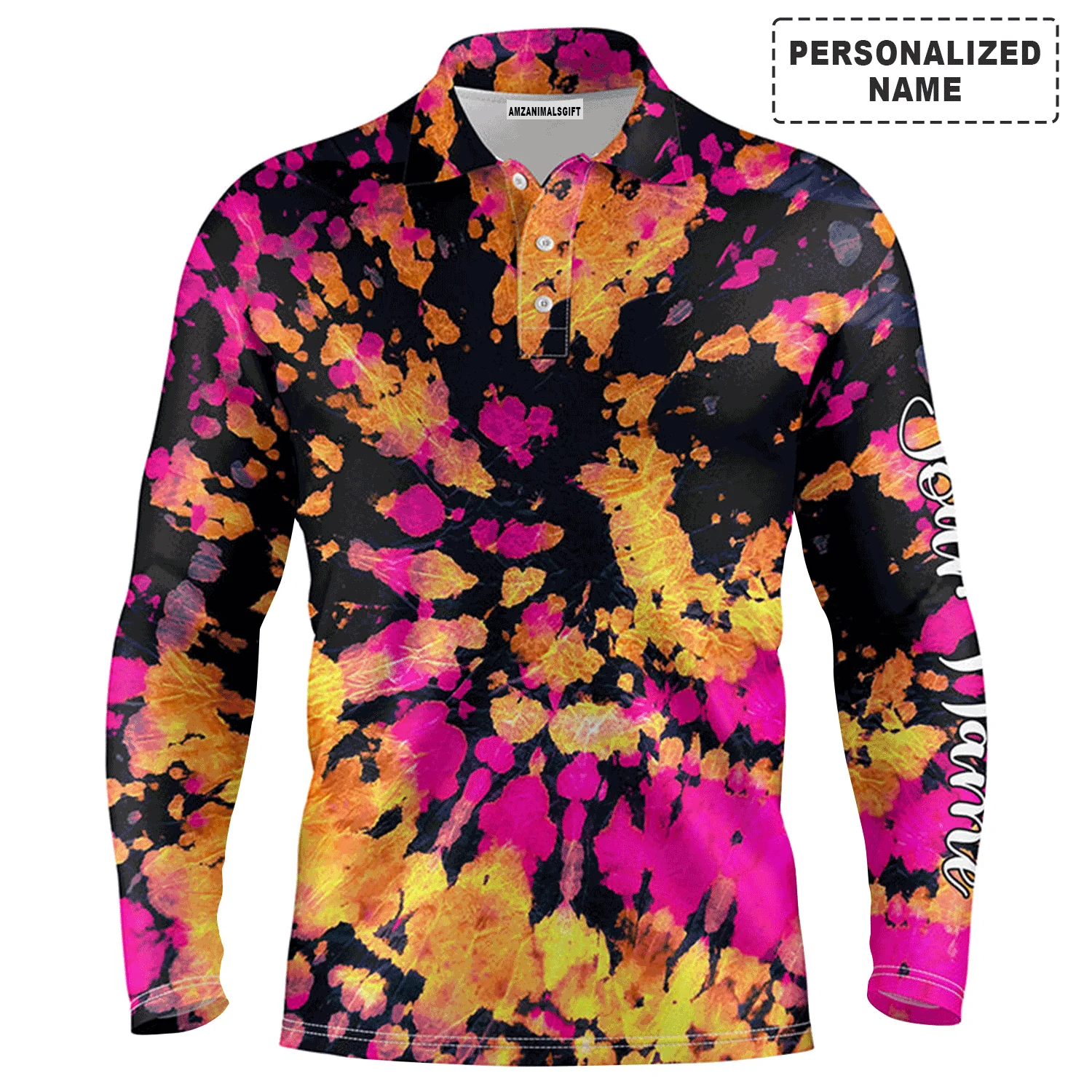 Golf Men Polo Shirt - Yellow Pink Black Tie Dye Pattern Custom Name Apparel - Personalized Gift For Golf Lover, Team, Male Players, Golfer - Image 2