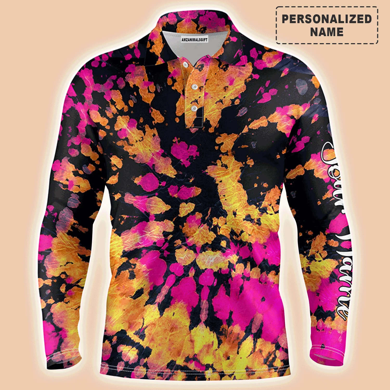Golf Men Polo Shirt - Yellow Pink Black Tie Dye Pattern Custom Name Apparel - Personalized Gift For Golf Lover, Team, Male Players, Golfer - Image 3