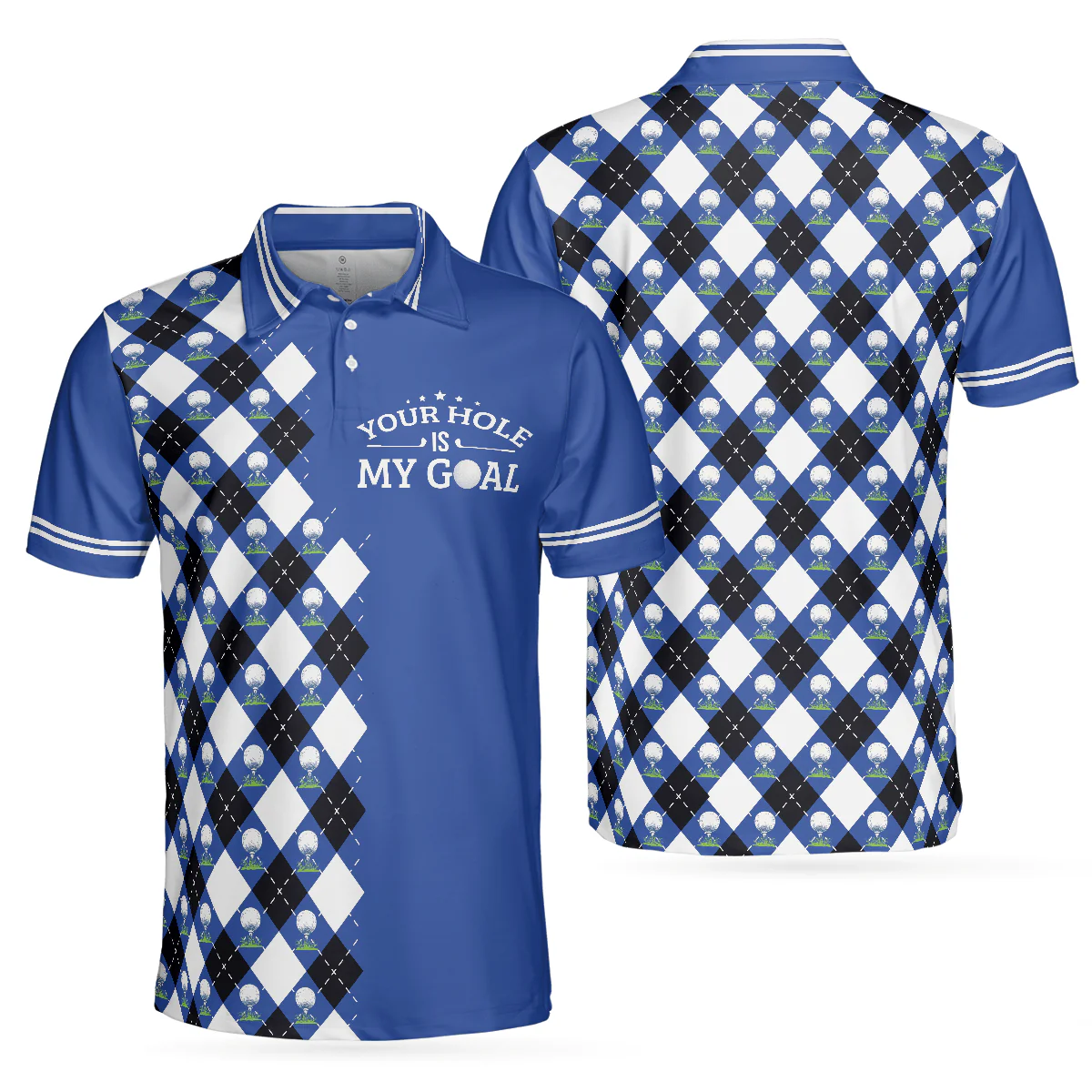 Golf Men Polo Shirts - Blue Argyle Pattern Your Hole Is My Goal Golf Polo Shirt, - Perfect Gift For Men, Golfers, Golf Lover