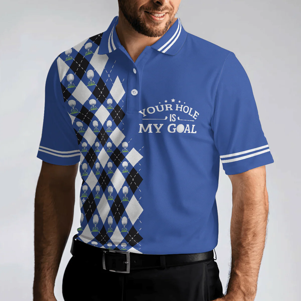 Golf Men Polo Shirts - Blue Argyle Pattern Your Hole Is My Goal Golf Polo Shirt, - Perfect Gift For Men, Golfers, Golf Lover - Image 6
