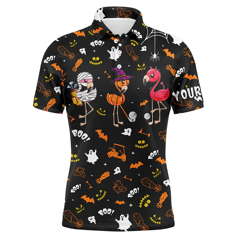 Golf Men Polo Shirts, Custom Name Orange Black Halloween Background Flamingo Apparel - Personalized Gift For Men, Husband, Boyfriend, Golf Lovers - Image 2
