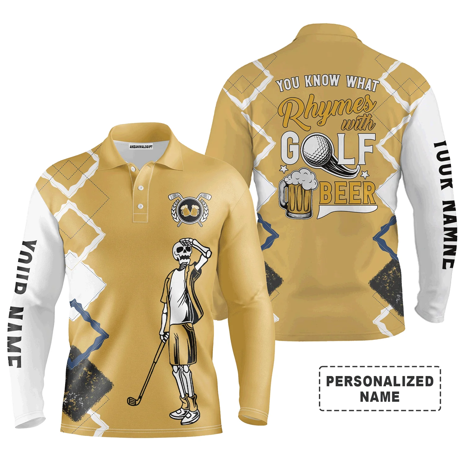 Golf Men Polo Shirts - Funny Skeleton Argyle Pattern You Know What Rhymes With Golf Beer Golf Men Polo Shirts - Perfect Gift For Men, Golfers - Image 3