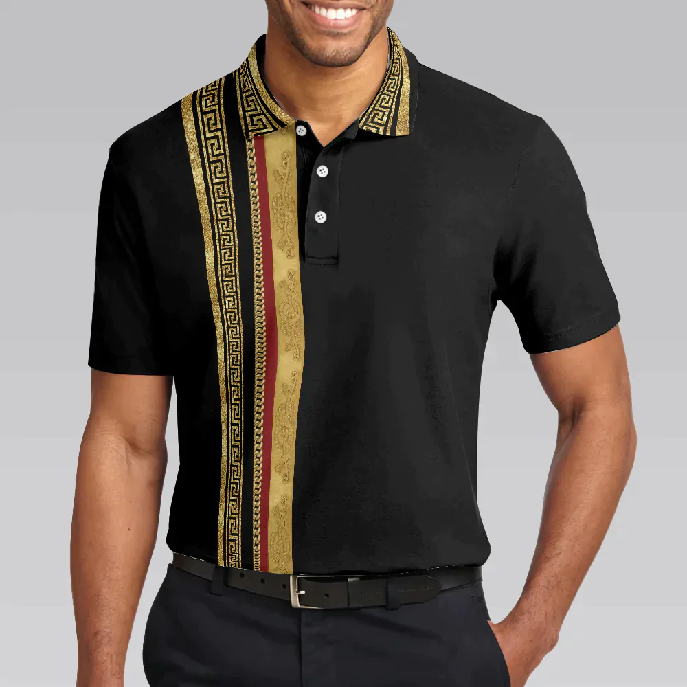 Golf Men Polo Shirts - Luxury Baroque Pattern Eagle Badge Golden Greek Key Pattern Golf Men Polo Shirts - Perfect Gift For Men, Golfers, Golf Lover - Image 4