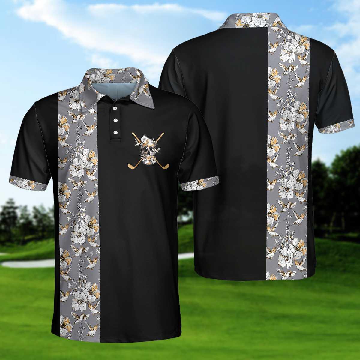 Golf Men Polo Shirts - Luxury Golden Skull, Ash Floral Pattern Black Background Men Polo Shirts - Perfect Gift For Men, Golfers, Golf Lover