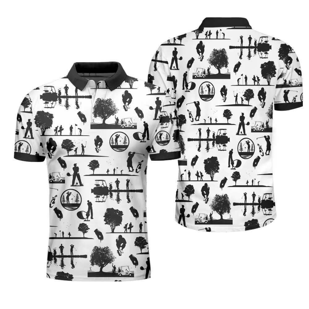 Golf Men Polo Shirts - Silhouette Golfers Golf Course White Background Men Polo Shirts, Golf Shirt For Men - Perfect Gift For Men, Golfers, Golf Lover