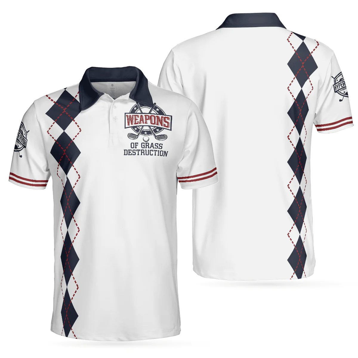 Golf Men Polo Shirts - Weapons Of Grass Destruction White And Navy Argyle Pattern Men Polo Shirts - Perfect Gift For Men, Golfers, Golf Lover