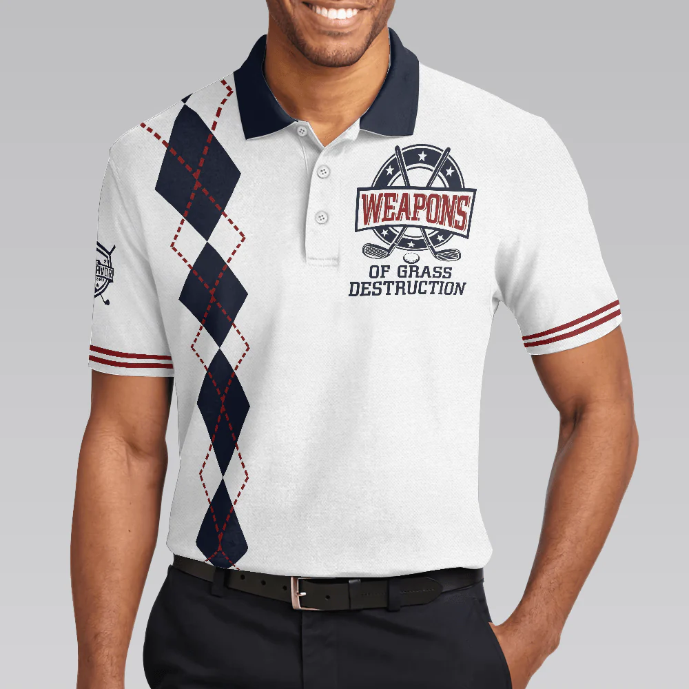 Golf Men Polo Shirts - Weapons Of Grass Destruction White And Navy Argyle Pattern Men Polo Shirts - Perfect Gift For Men, Golfers, Golf Lover - Image 4