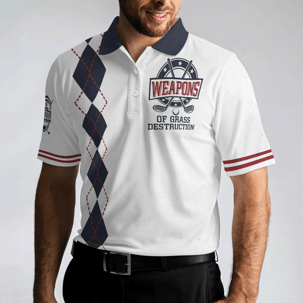 Golf Men Polo Shirts - Weapons Of Grass Destruction White And Navy Argyle Pattern Men Polo Shirts - Perfect Gift For Men, Golfers, Golf Lover - Image 5