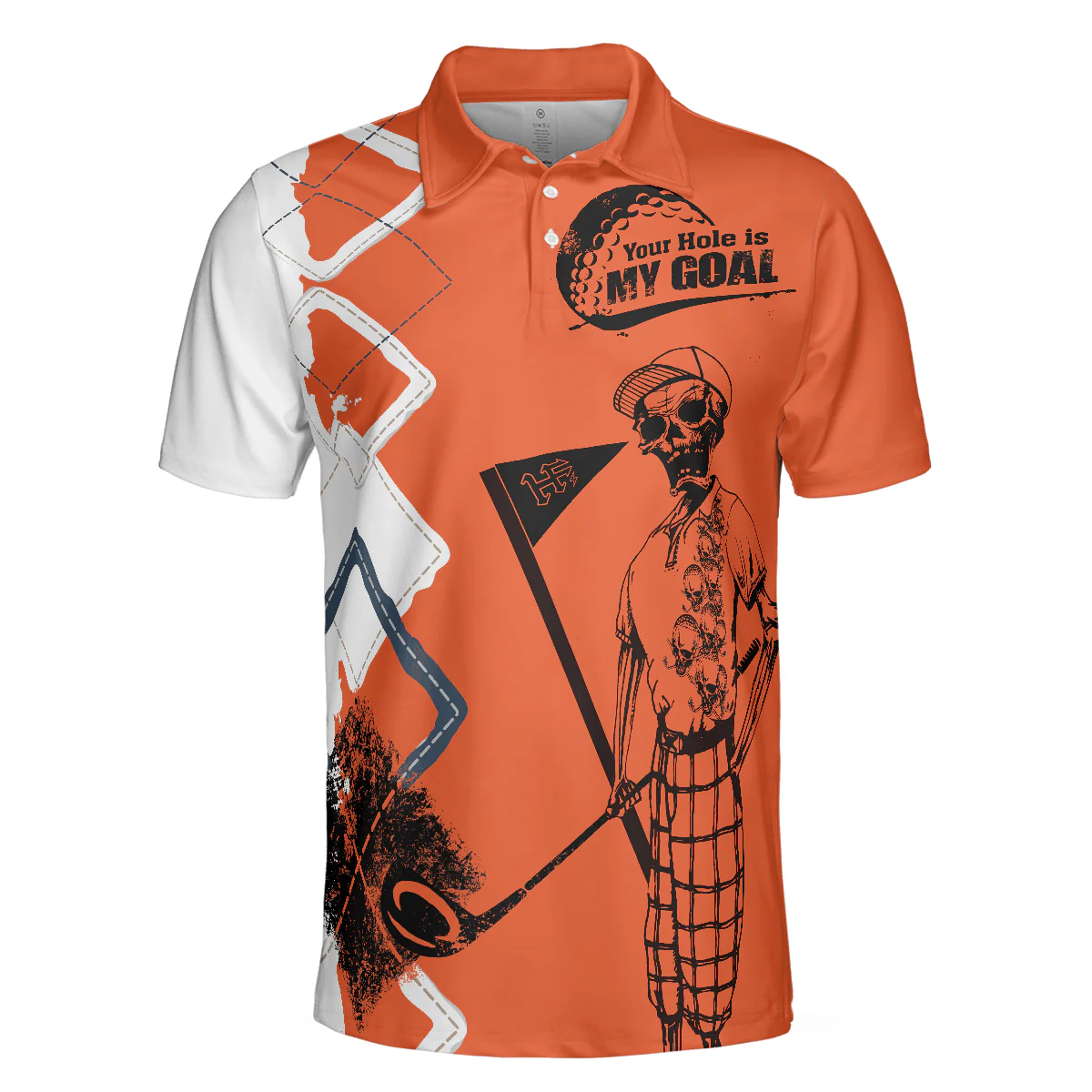 Golf Men Polo Shirts - Your Hole Is My Goal Orange Argyle Pattern Skeleton Golfer Men Polo Shirt - Perfect Gift For Men, Golfers, Golf Lover - Image 2