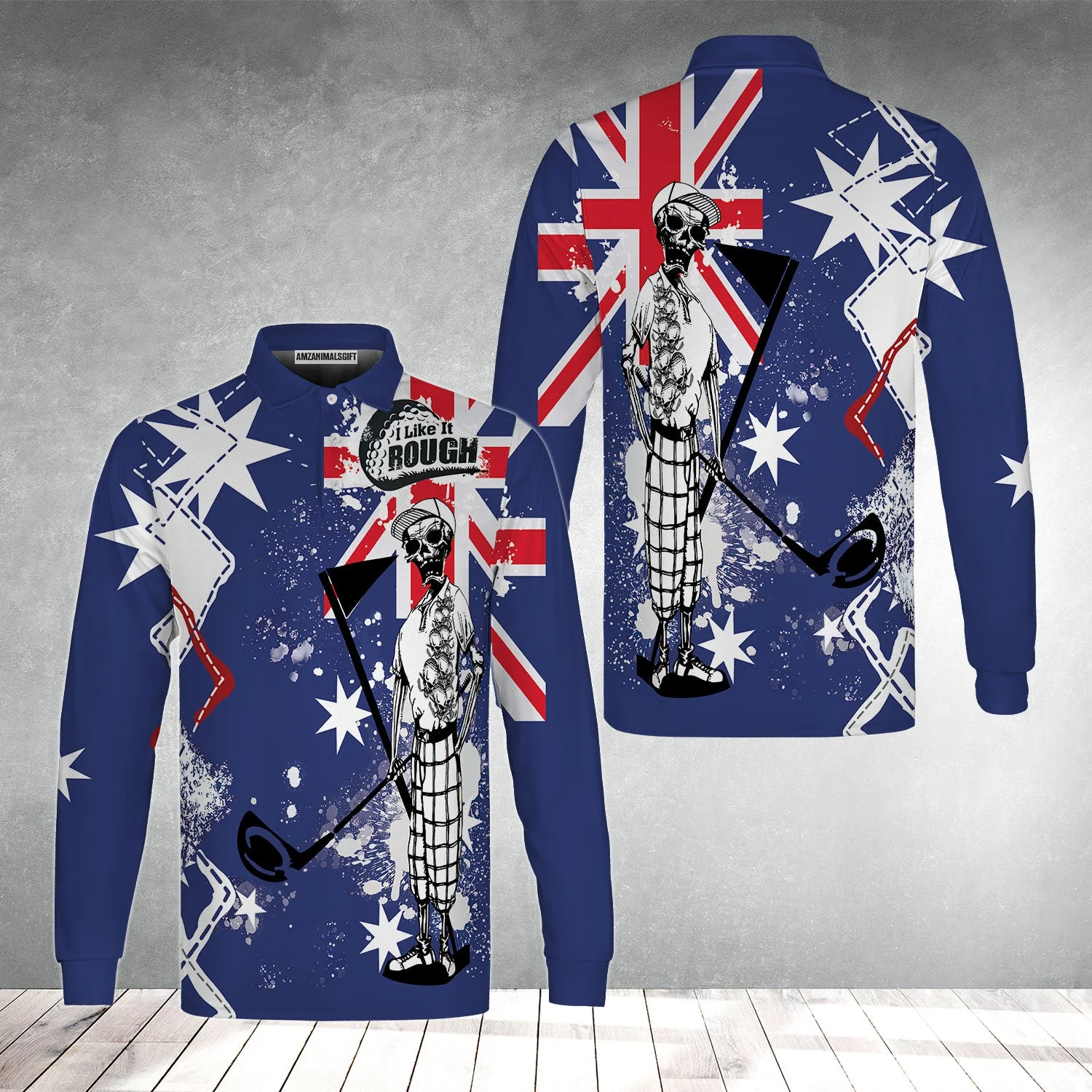 Golf Men's Long Sleeve Polo Shirt, Argyle Pattern Skeleton Golfing, Golf I Like It Rough Australian Flag Long Sleeve Polo Shirt For Men - Best Gift For Golfers, Golf Lovers - Image 2