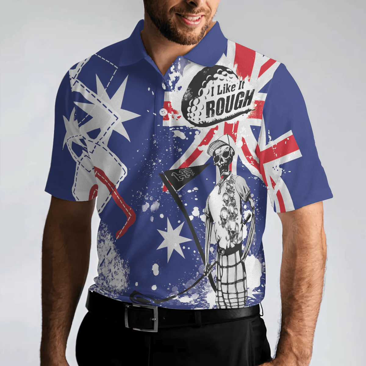 Golf Men's Long Sleeve Polo Shirt, Argyle Pattern Skeleton Golfing, Golf I Like It Rough Australian Flag Long Sleeve Polo Shirt For Men - Best Gift For Golfers, Golf Lovers - Image 7