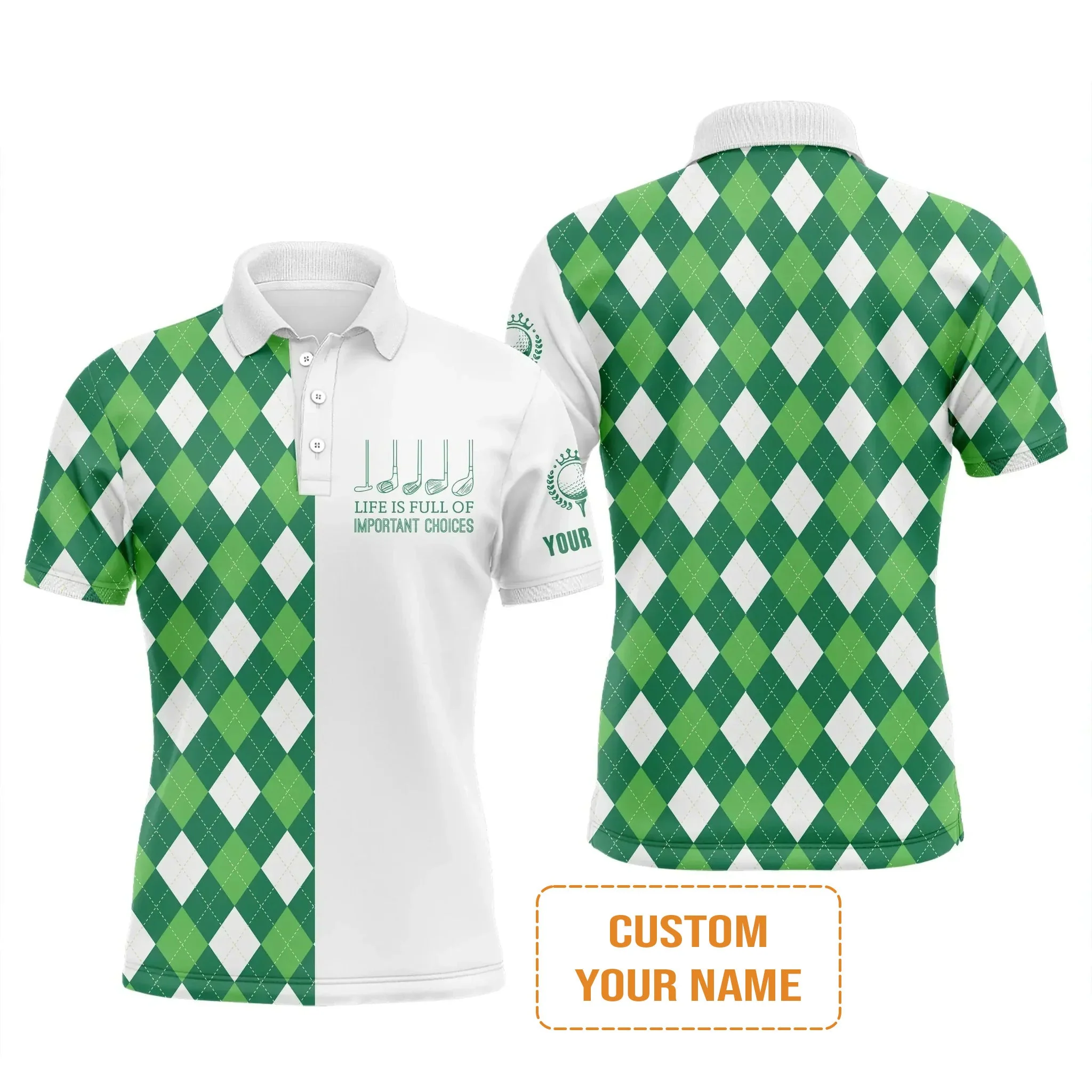 Golf Men's Long Sleeve Polo Shirt -Custom Name Green Argyle Plaid Apparel - Life Is Full Of Important Choices - Personalized Gift For Golf Lover, Men, Husband, Team - Image 3