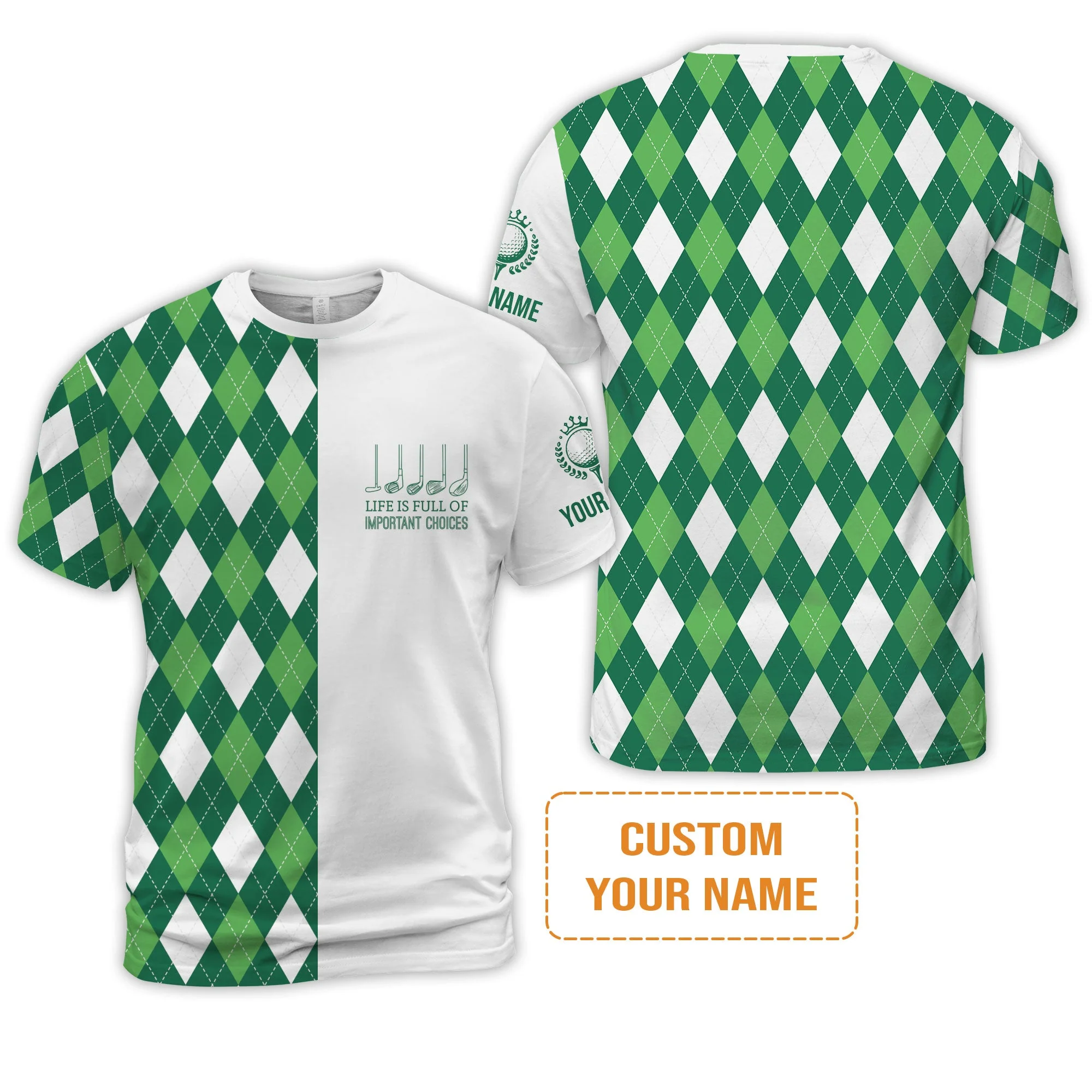 Golf Men's Long Sleeve Polo Shirt -Custom Name Green Argyle Plaid Apparel - Life Is Full Of Important Choices - Personalized Gift For Golf Lover, Men, Husband, Team - Image 4