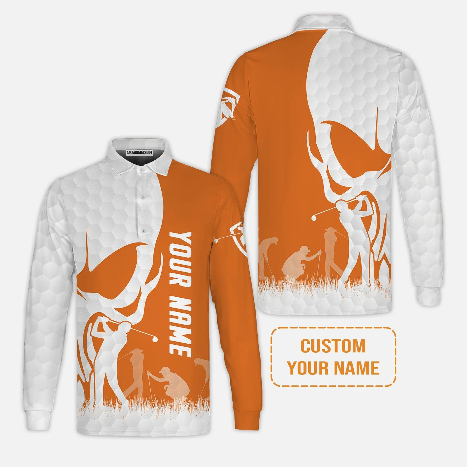 Golf Men's Long Sleeve Polo Shirt - Custom Name Skull White Golf Ball, Orange Apparel - Personalized Gift For Golf Lover, Team, Husband, Boyfriend, Men - Image 2