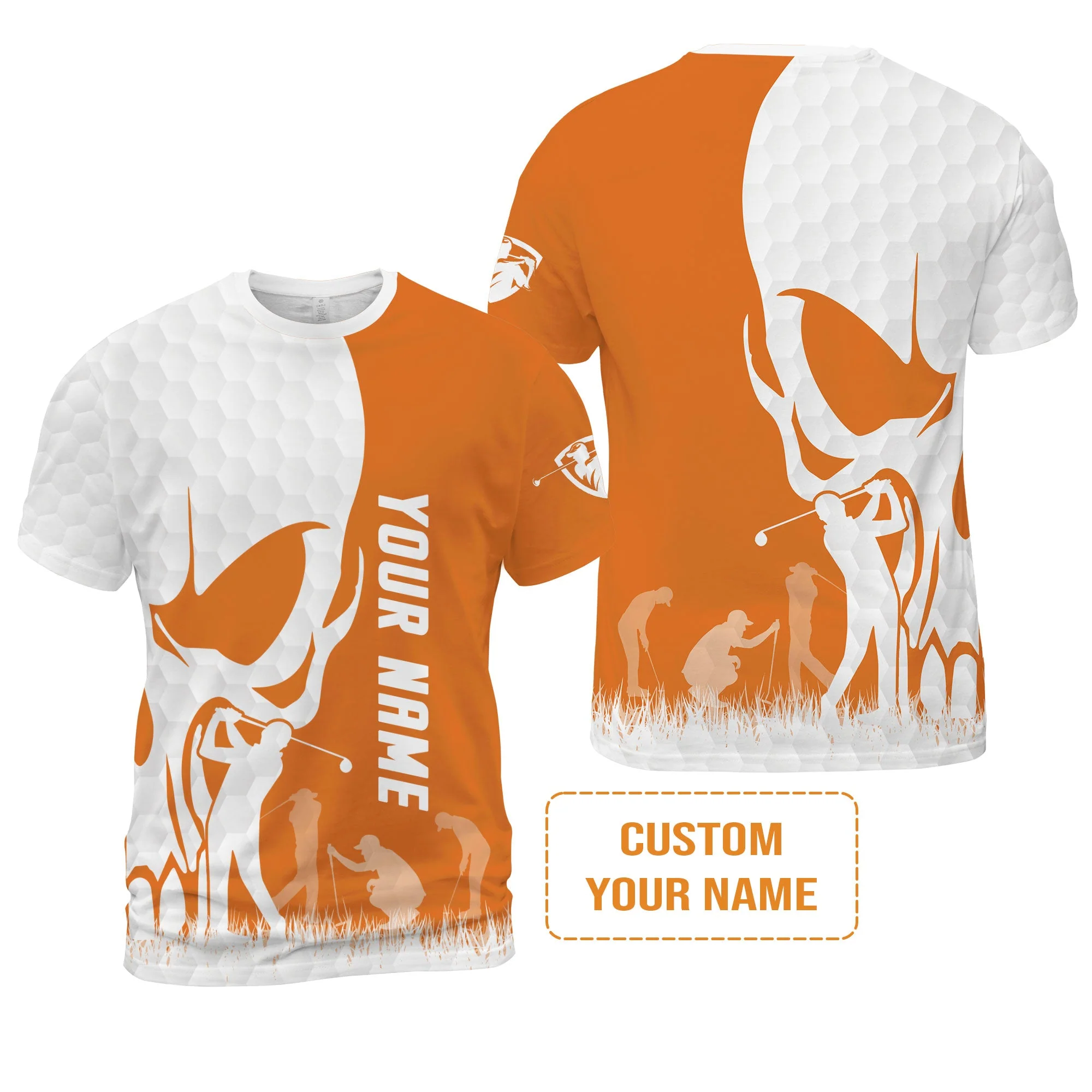 Golf Men's Long Sleeve Polo Shirt - Custom Name Skull White Golf Ball, Orange Apparel - Personalized Gift For Golf Lover, Team, Husband, Boyfriend, Men - Image 5