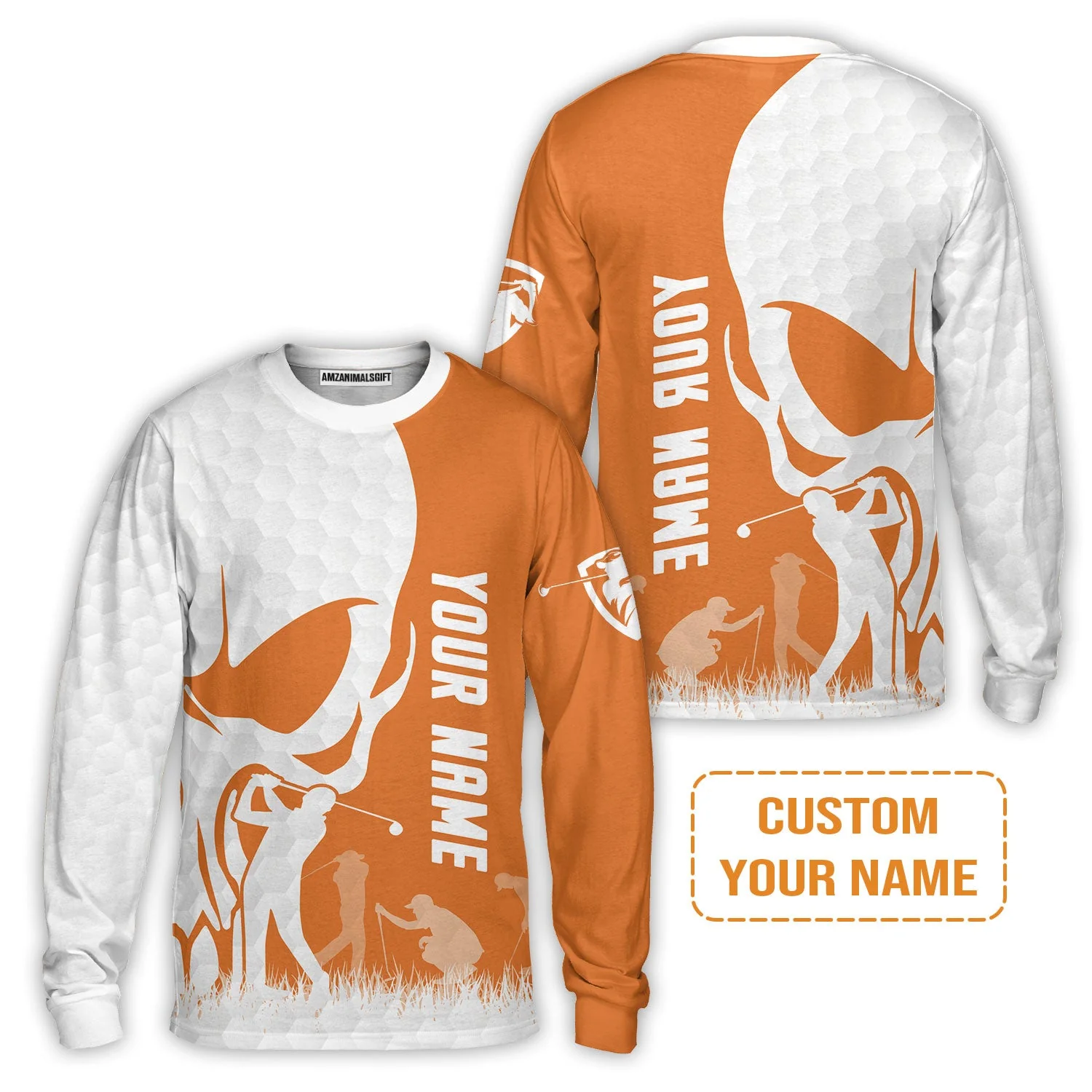 Golf Men's Long Sleeve Polo Shirt - Custom Name Skull White Golf Ball, Orange Apparel - Personalized Gift For Golf Lover, Team, Husband, Boyfriend, Men - Image 7