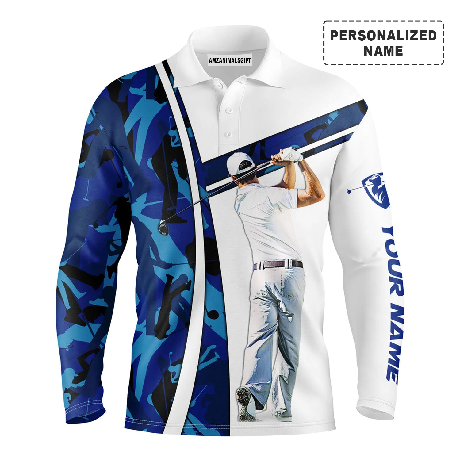 Golf Personalized Name Long Sleeve Polo Shirt, Blue Camo Men Golfing Apparel, Best Gift And Outfit For Golf Lover, Team, Golfer - Image 2