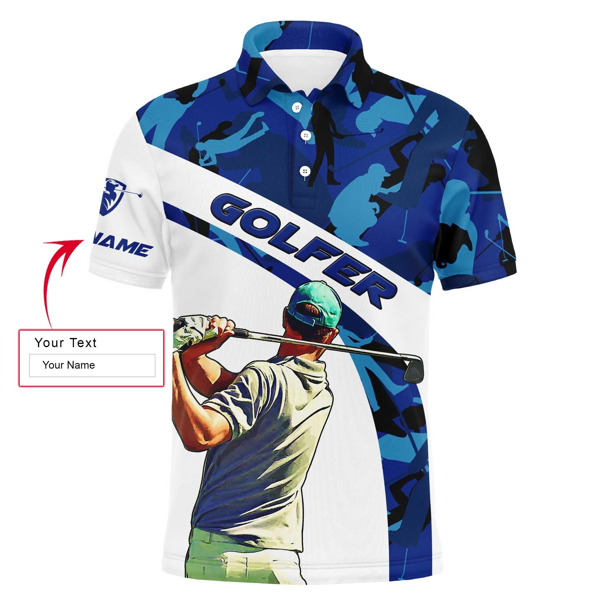 Golf Personalized Name Long Sleeve Polo Shirt Blue Camo Pattern Golfing Men Apparel, Best Outfit For Men, Golf Lover, Team, Golfer - Image 3