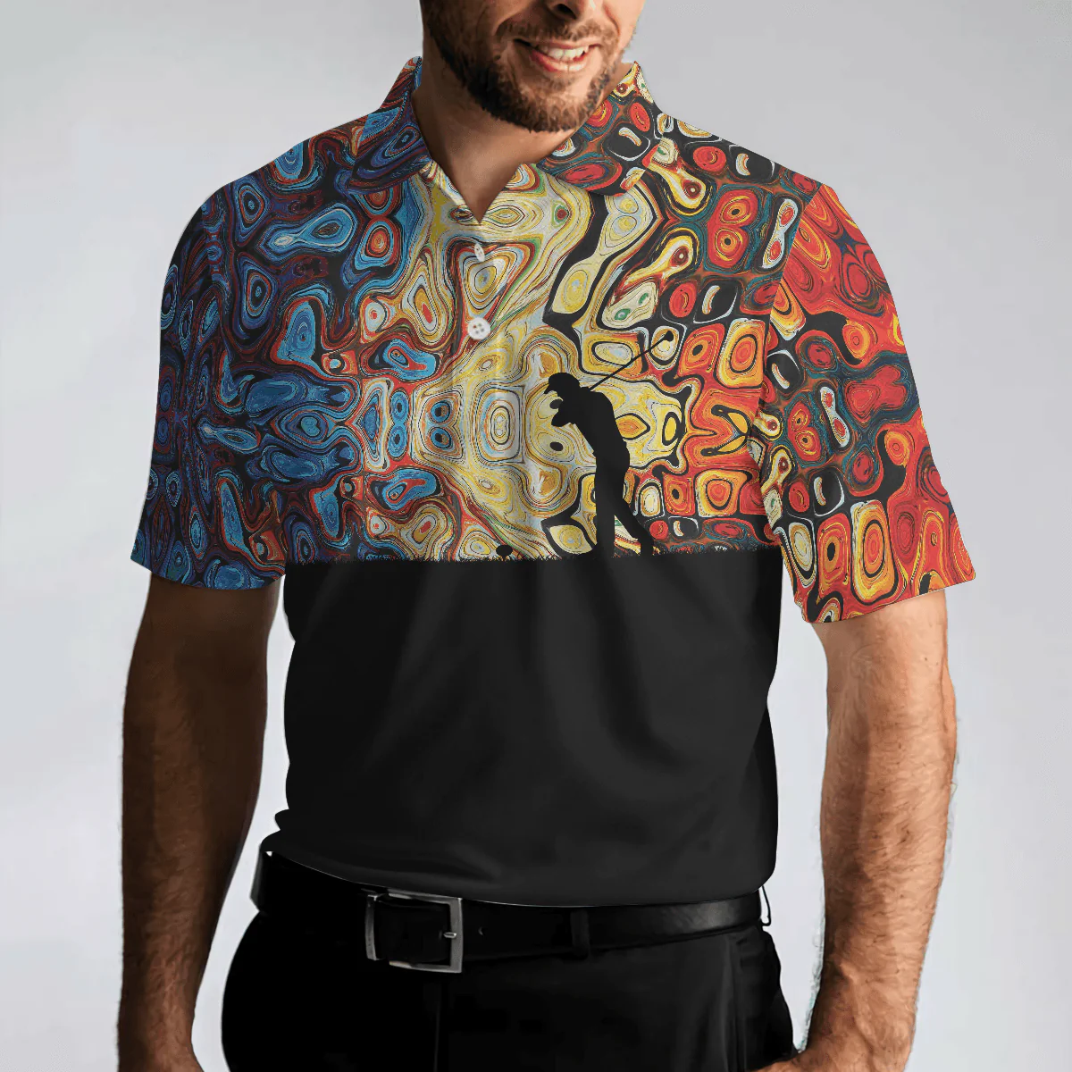 Golf Silhouette With Sky Wavy Abstract Seamless Pattern Men Polo Shirt, Black Golf Shirt For Men, Gift For Golf Lovers - Image 4