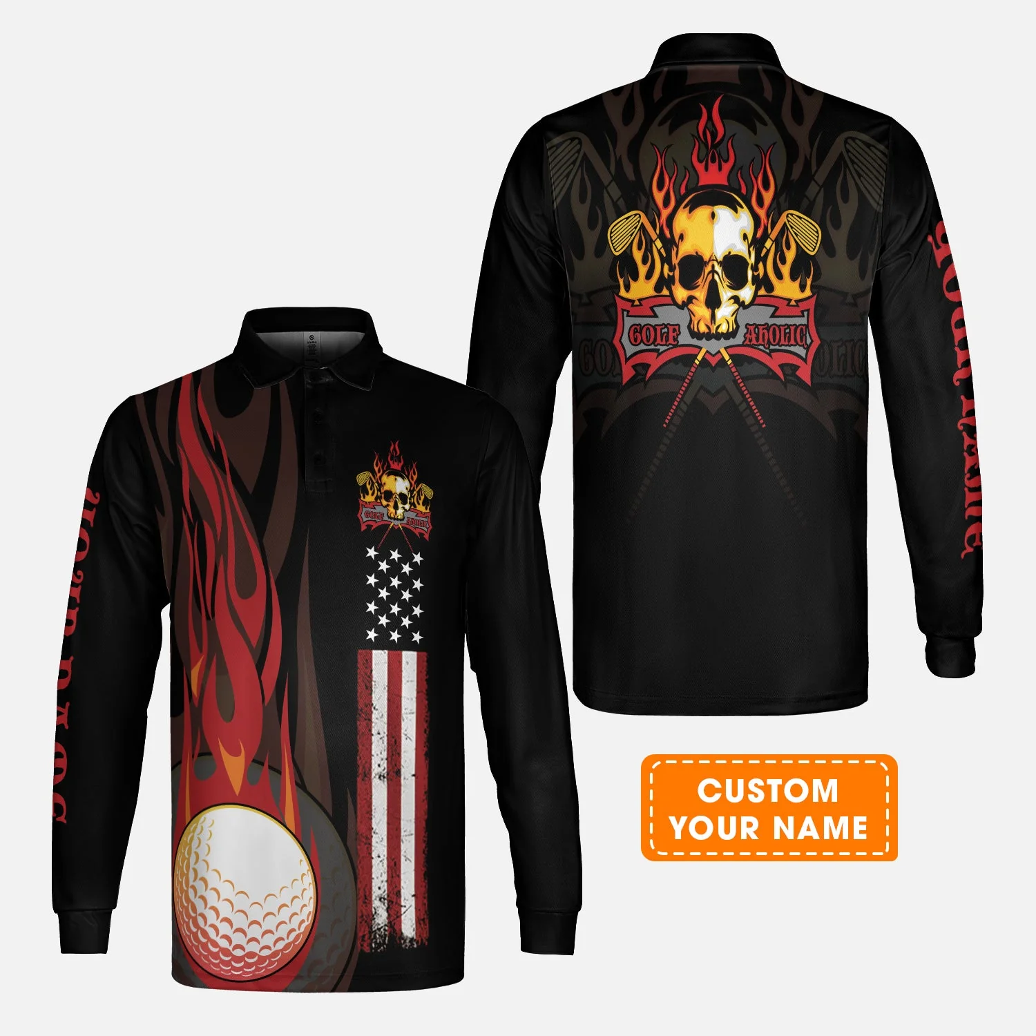 Golf Sweatshirt - Flame Skull Golf Ball American Flag Custom Name Sweatshirt - Personalized Gift For Golf Lover, Men, Patriotic - Image 6