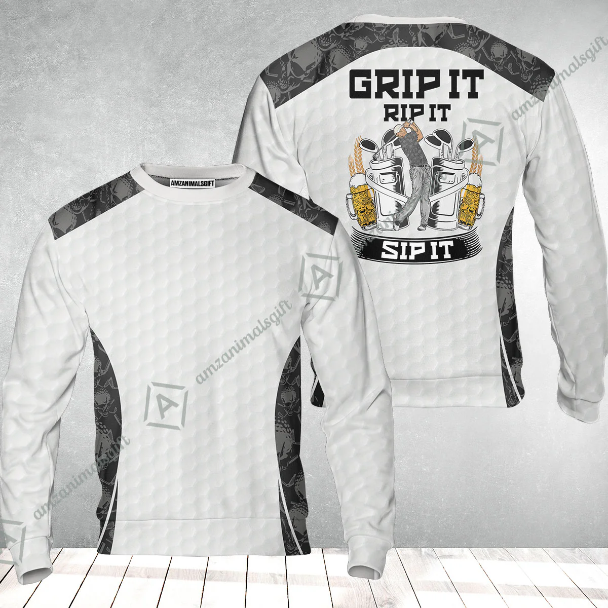 Golf Sweatshirt - Golf Ball Pattern Skull, Grip It Rip It Sip It Golf White Sweatshirt - Image 2