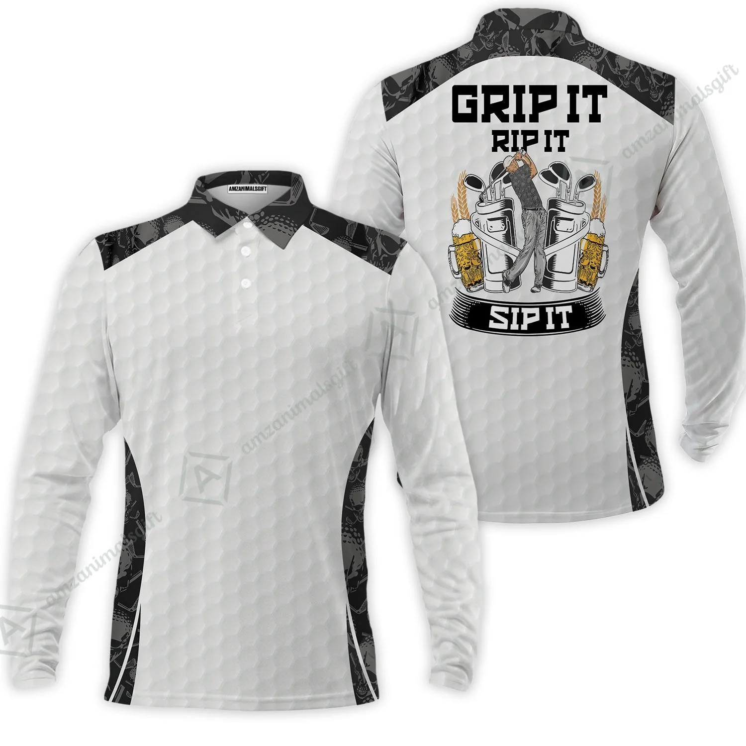 Golf Sweatshirt - Golf Ball Pattern Skull, Grip It Rip It Sip It Golf White Sweatshirt - Image 4