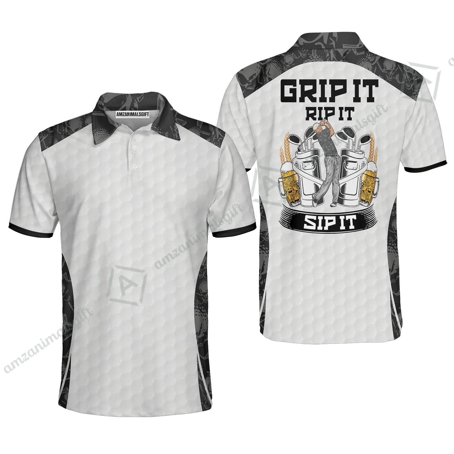 Golf Sweatshirt - Golf Ball Pattern Skull, Grip It Rip It Sip It Golf White Sweatshirt - Image 5