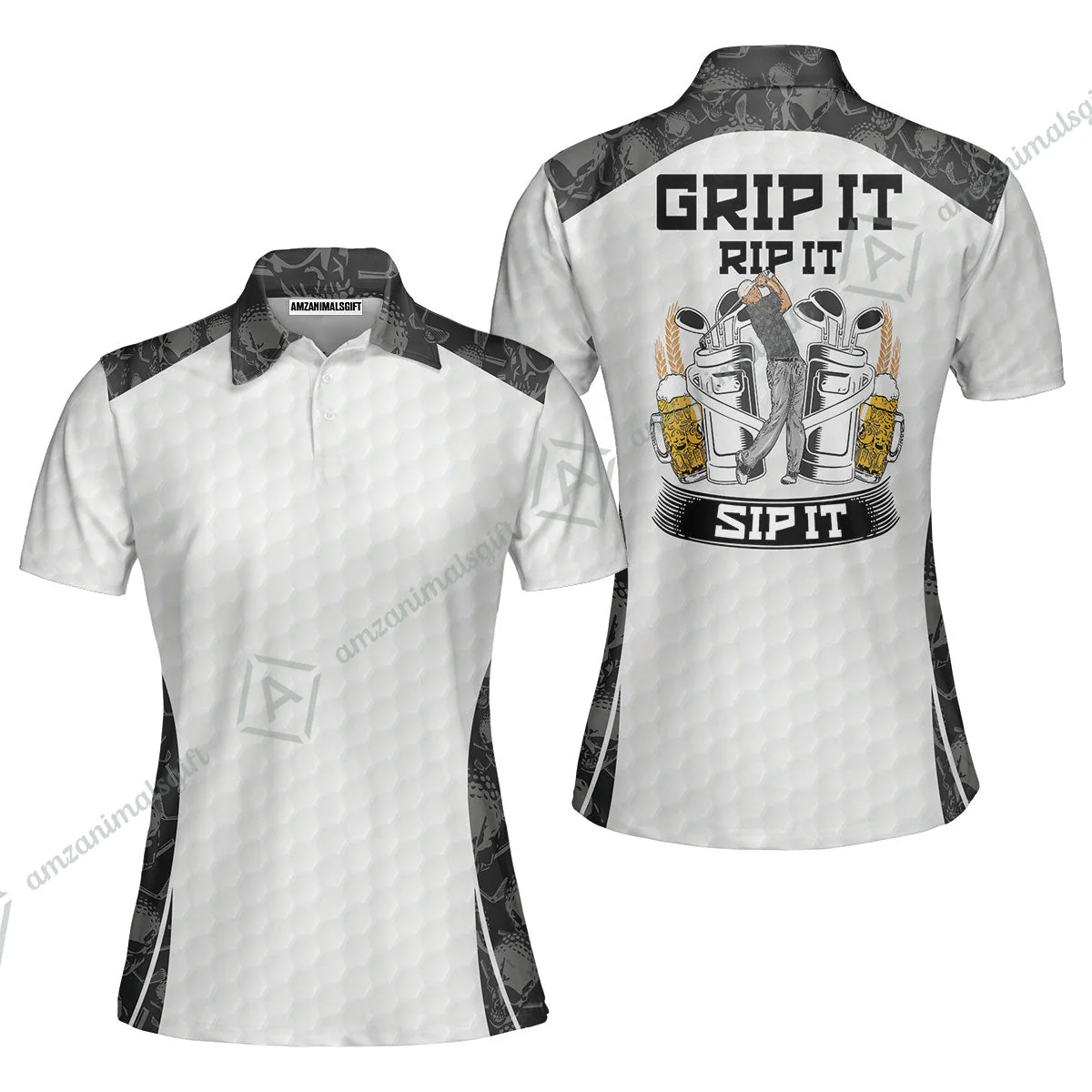 Golf Sweatshirt - Golf Ball Pattern Skull, Grip It Rip It Sip It Golf White Sweatshirt - Image 6