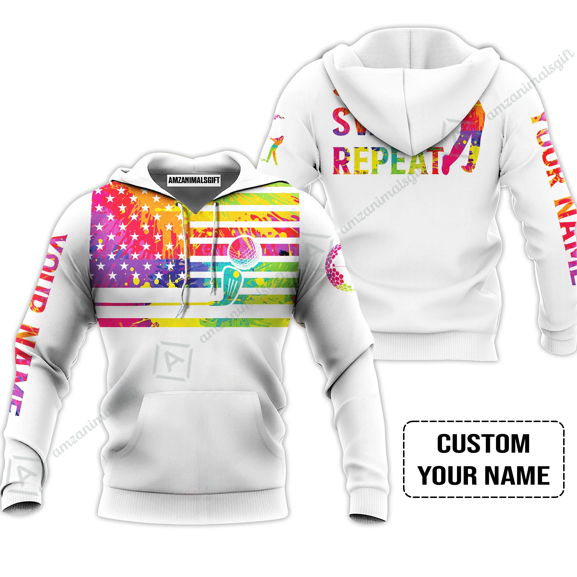 Golf T-Shirt - Funny Watercolor American Flag Custom Name White Apparel - Swing Swear Repeat Golf T-Shirt - Image 5