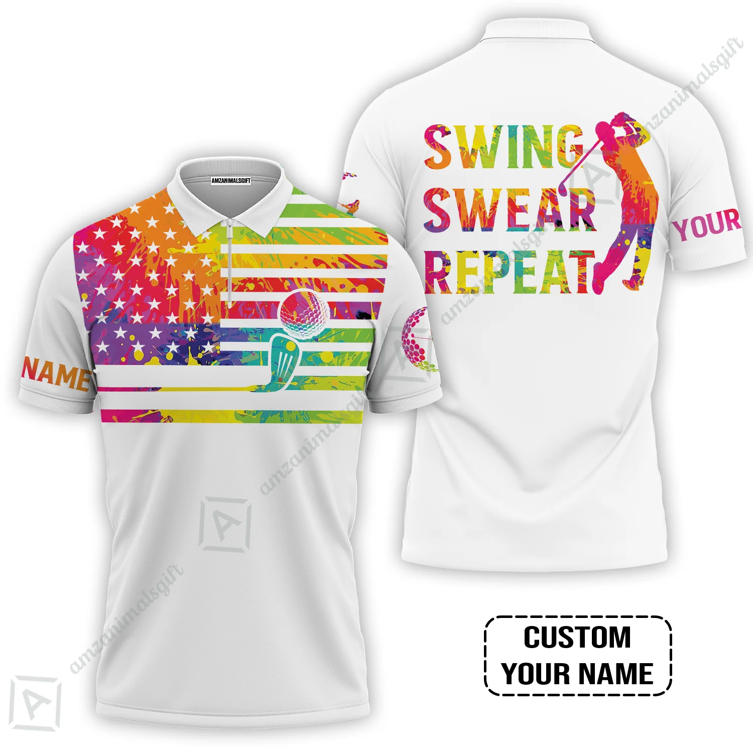 Golf T-Shirt - Funny Watercolor American Flag Custom Name White Apparel - Swing Swear Repeat Golf T-Shirt - Image 6