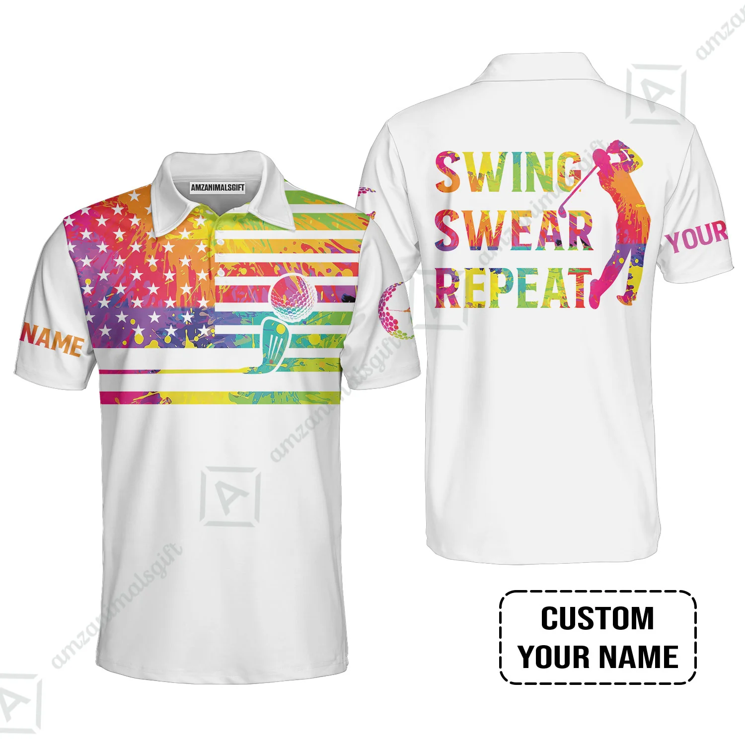 Golf T-Shirt - Funny Watercolor American Flag Custom Name White Apparel - Swing Swear Repeat Golf T-Shirt - Image 8
