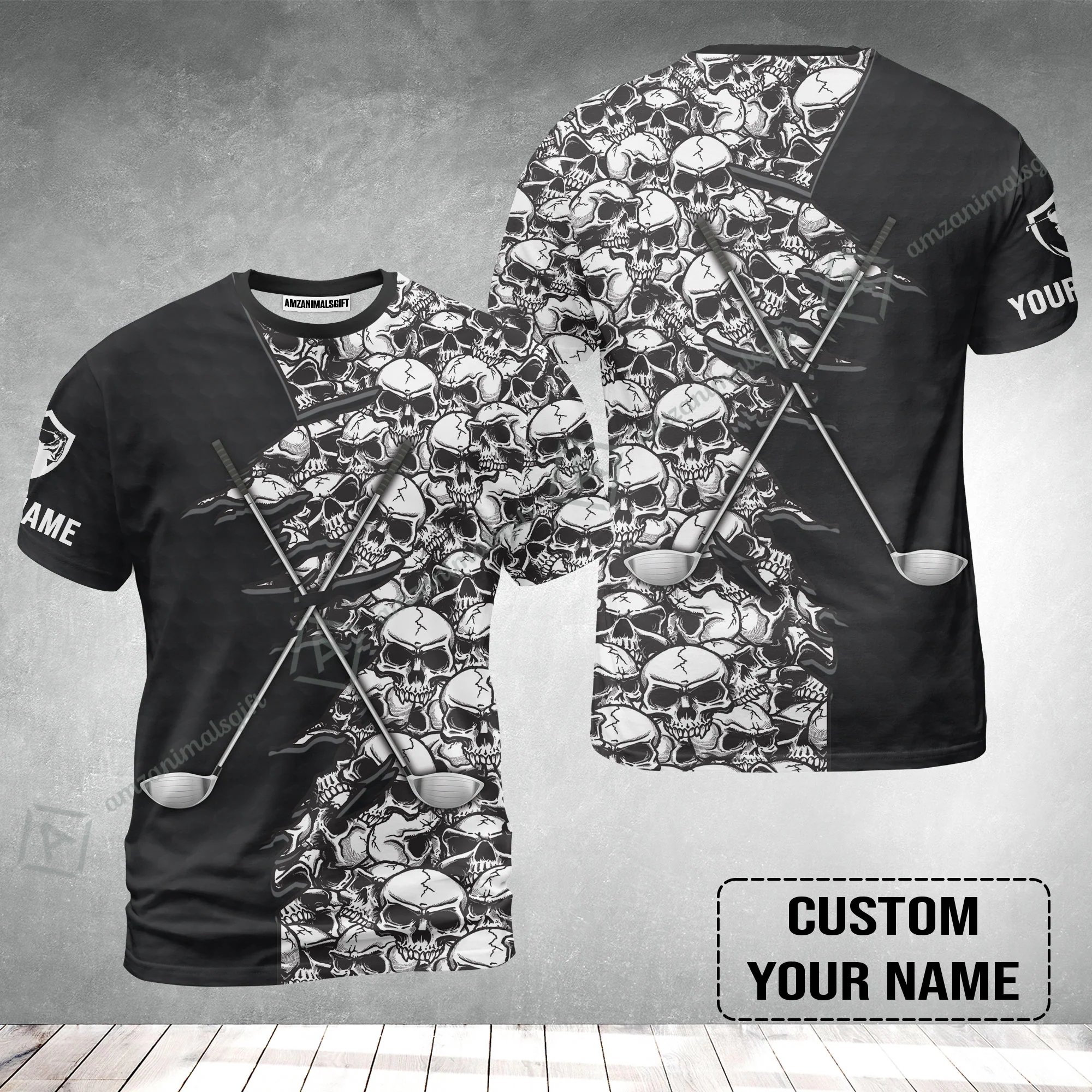 Golf T-Shirt, Pattern Skull Golf Clubs Performance Custom Name Apparel - Personalized Sports Gift For Men, Golf Lovers - Image 2