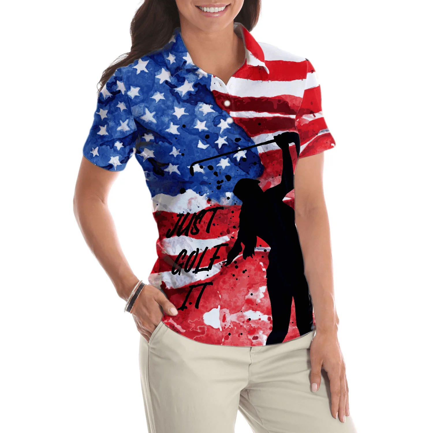 Golf Women Polo Shirt, American Golfer, Wet Paint American Flag Polo Shirt, Patriotic Golf Polo Shirts For Ladies - Gift For Golfers, Golf Lovers - Image 5