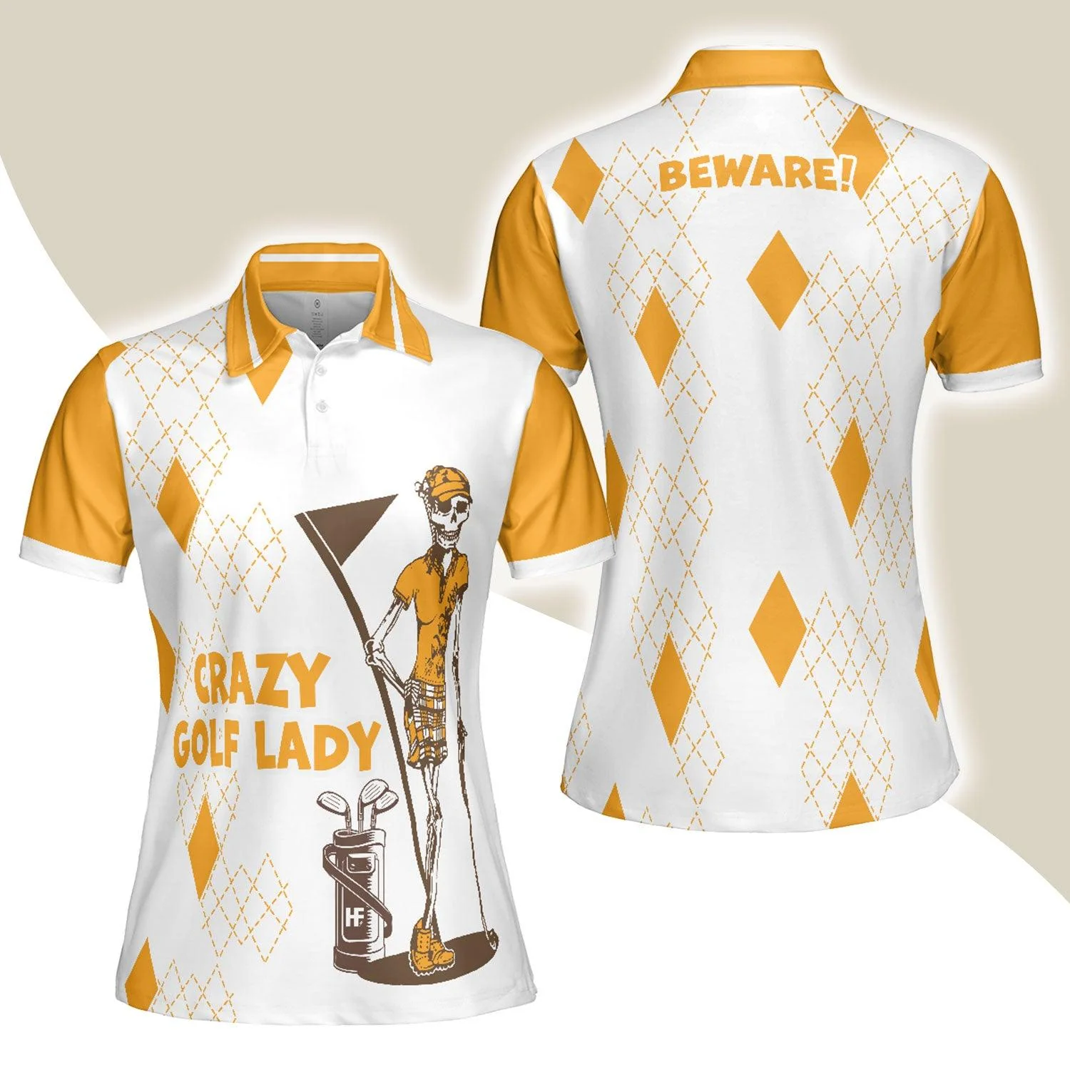 Golf Women Polo Shirt, Crazy Golf Lady Skull, White And Yellow Women Polo Shirts, Funny Golf Gift For Female Golfers, Golf Lovers, Ladies