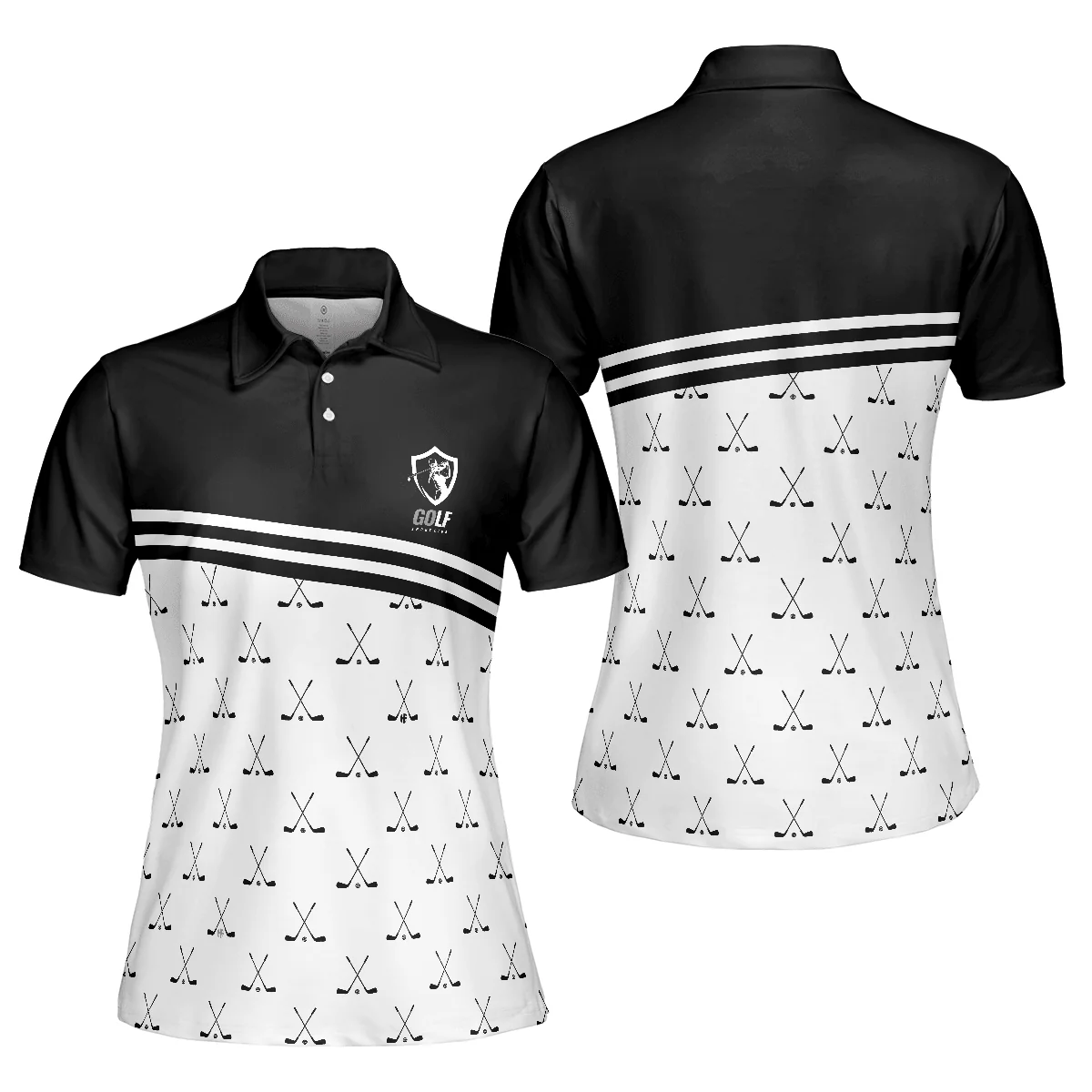 Golf Women Polo Shirt, Crossed Black Golf Clubs Black And White Golf Women Polo Shirts, Best Gift For Golf Lovers, Ladies, Female Golfers - Image 2
