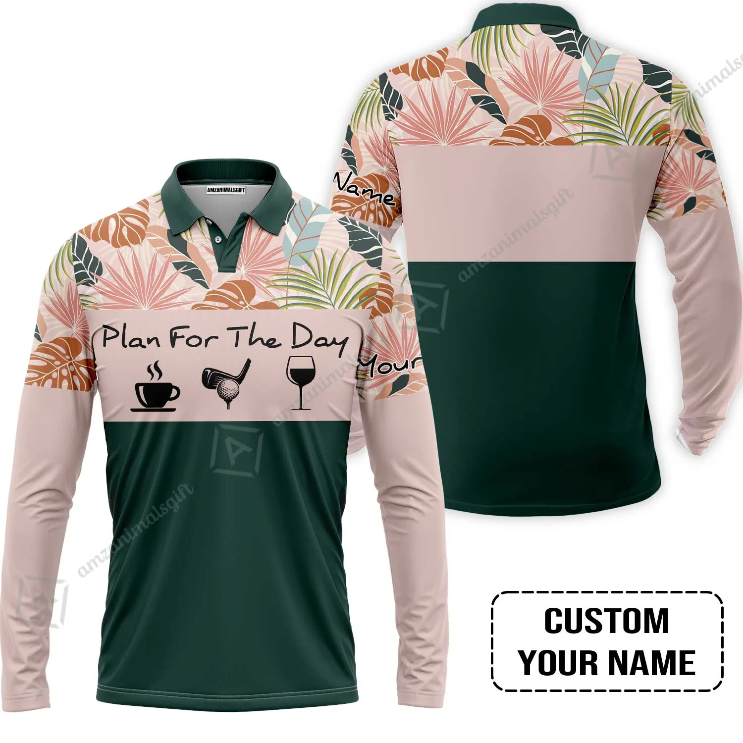 Golf Women Polo Shirt - Custom Name Tropical Leaves Floral Apparel - Plan For The Day Coffee Golf Wine - Image 5