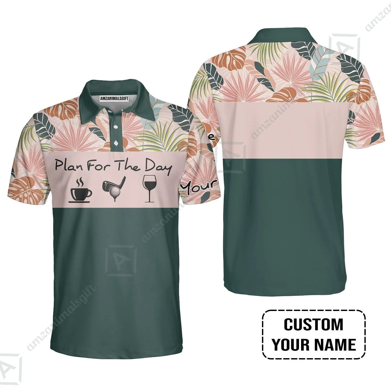 Golf Women Polo Shirt - Custom Name Tropical Leaves Floral Apparel - Plan For The Day Coffee Golf Wine - Image 6