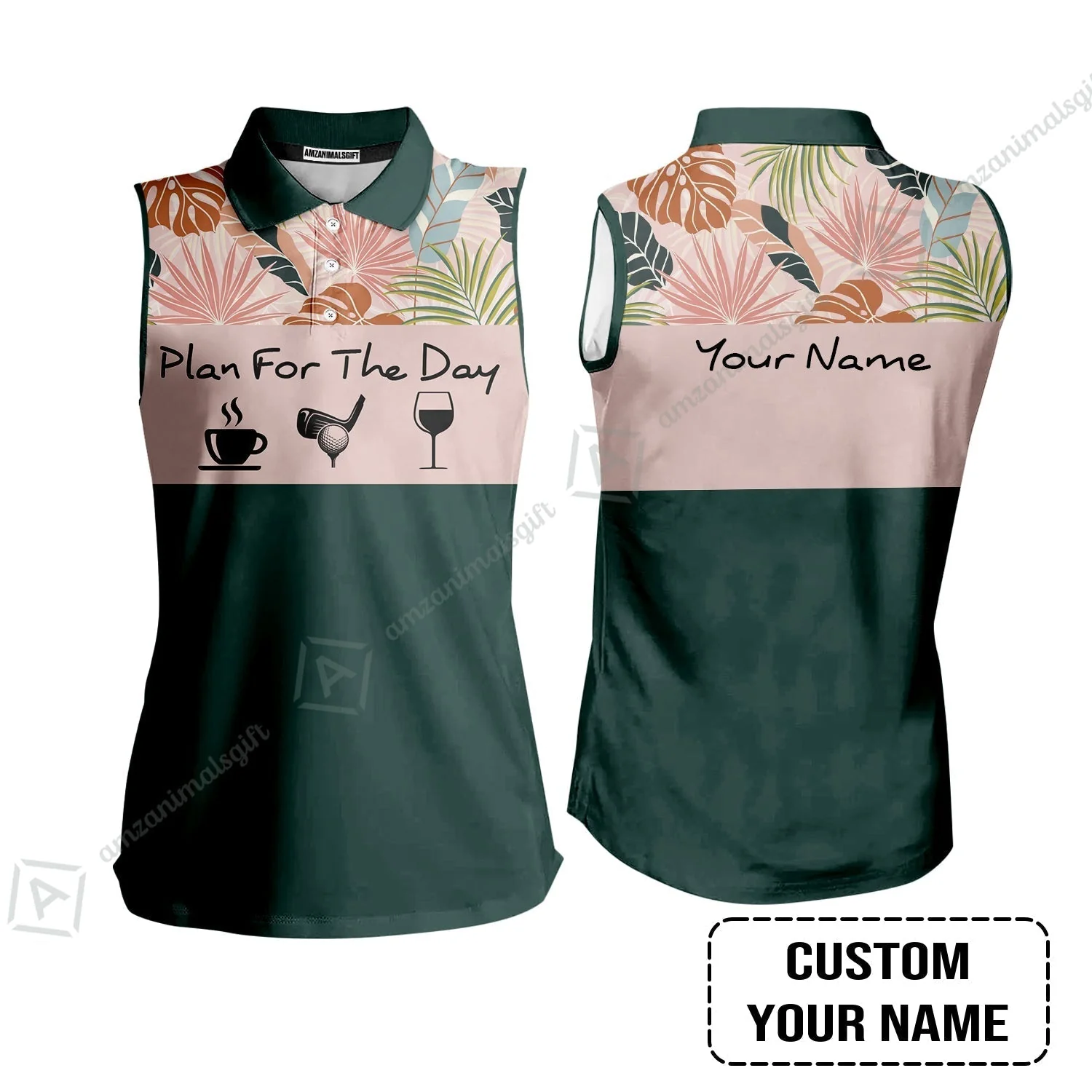 Golf Women Polo Shirt - Custom Name Tropical Leaves Floral Apparel - Plan For The Day Coffee Golf Wine - Image 7