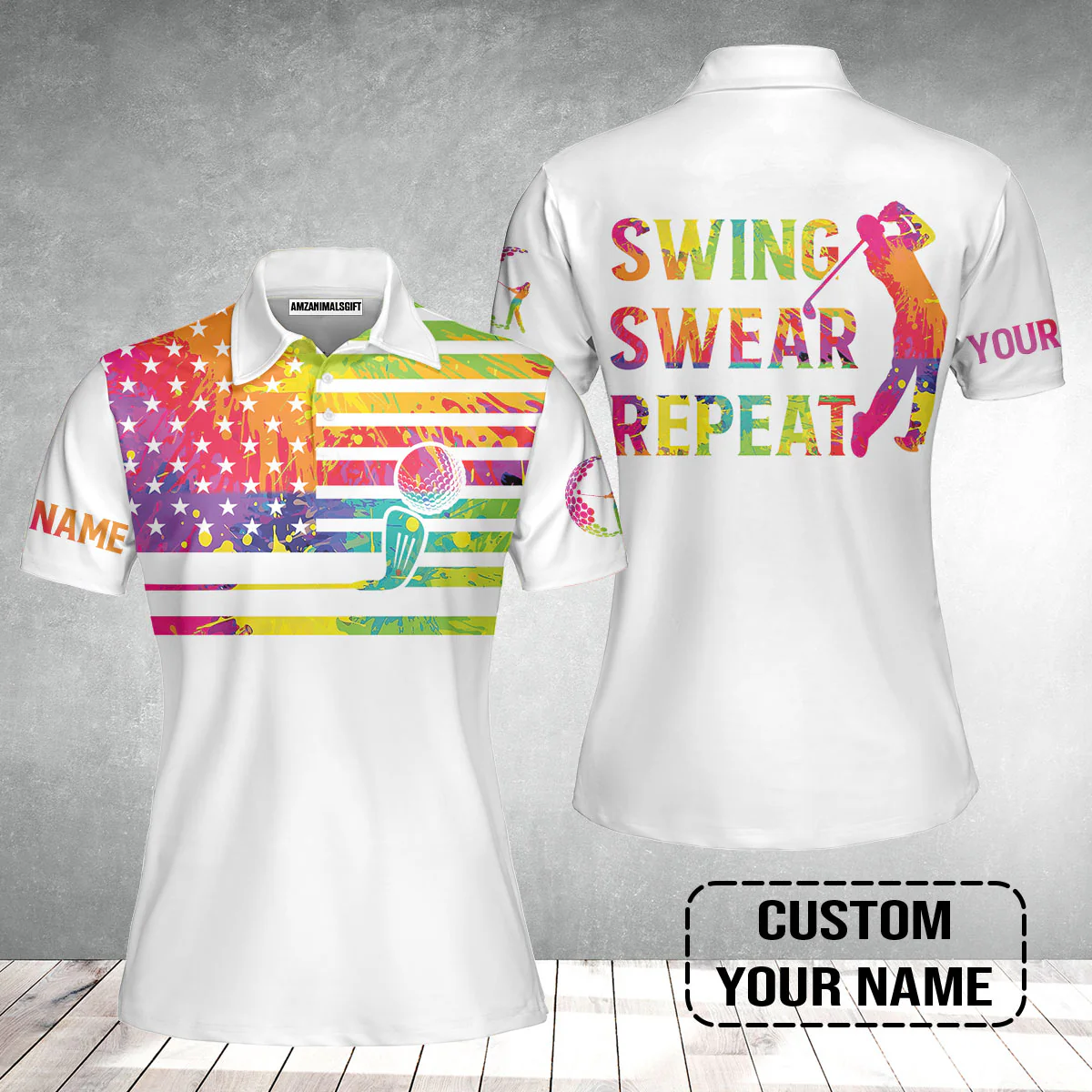 Golf Women Polo Shirt - Funny Watercolor American Flag Custom Name White Apparel - Swing Swear Repeat Golf Women Polo Shirt - Image 2